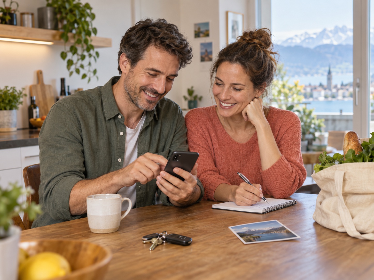 Ein Paar organisiert gemeinsam den Alltag mit einem Smartphone und einem Notizbuch.