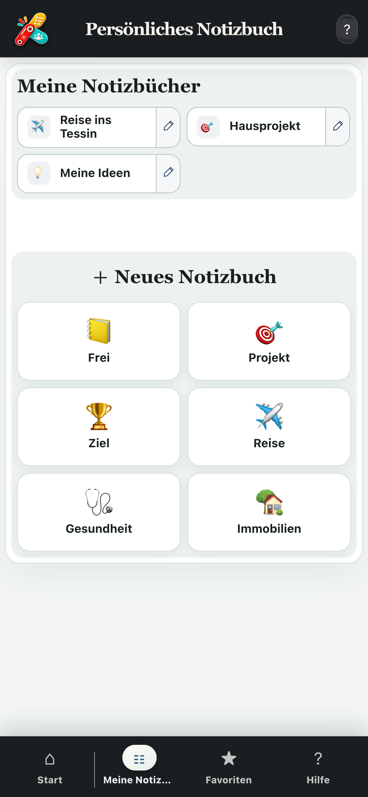 Vollständige Ansicht von Meine Notizbücher und den verfügbaren Vorlagen