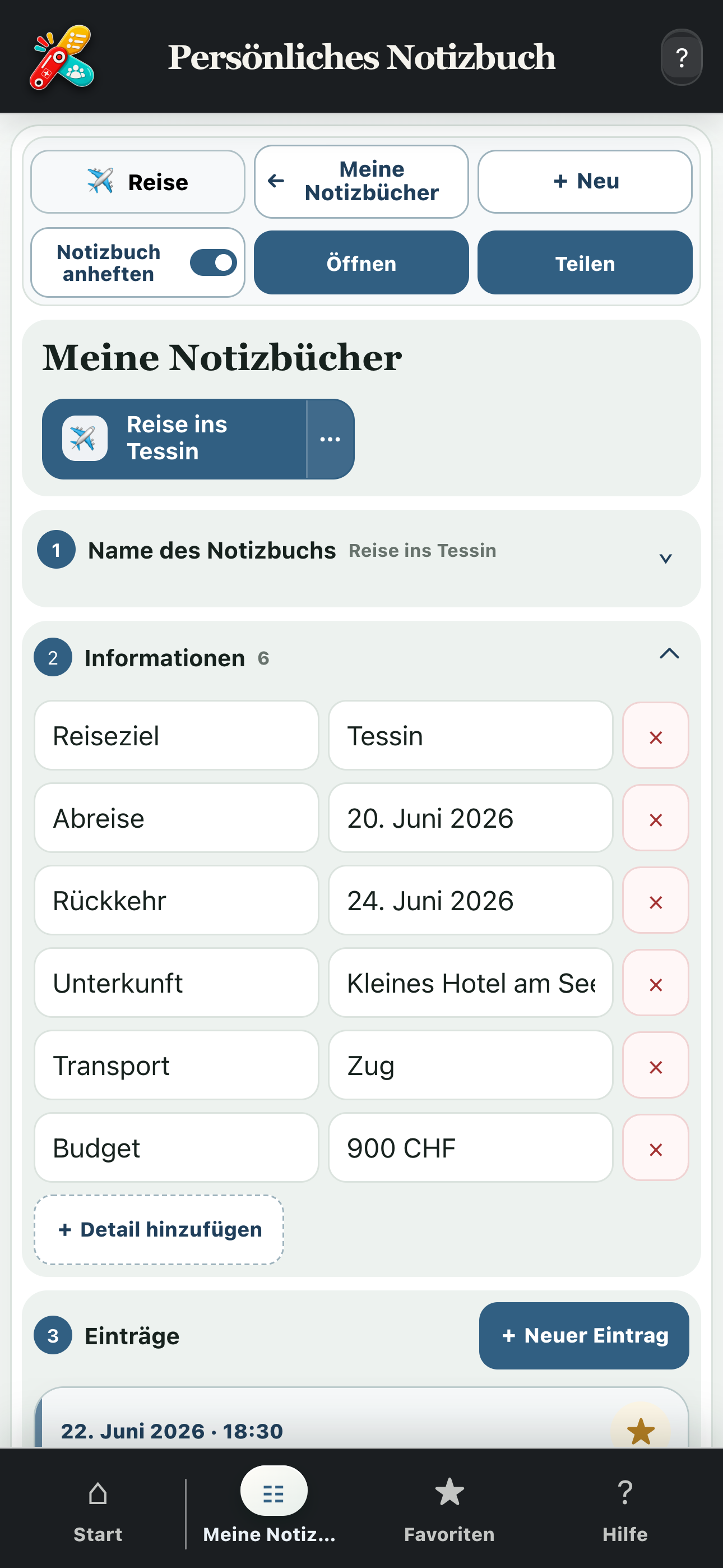 Vollständige Ansicht eines Reisenotizbuchs mit Informationen, Texten und Fotos