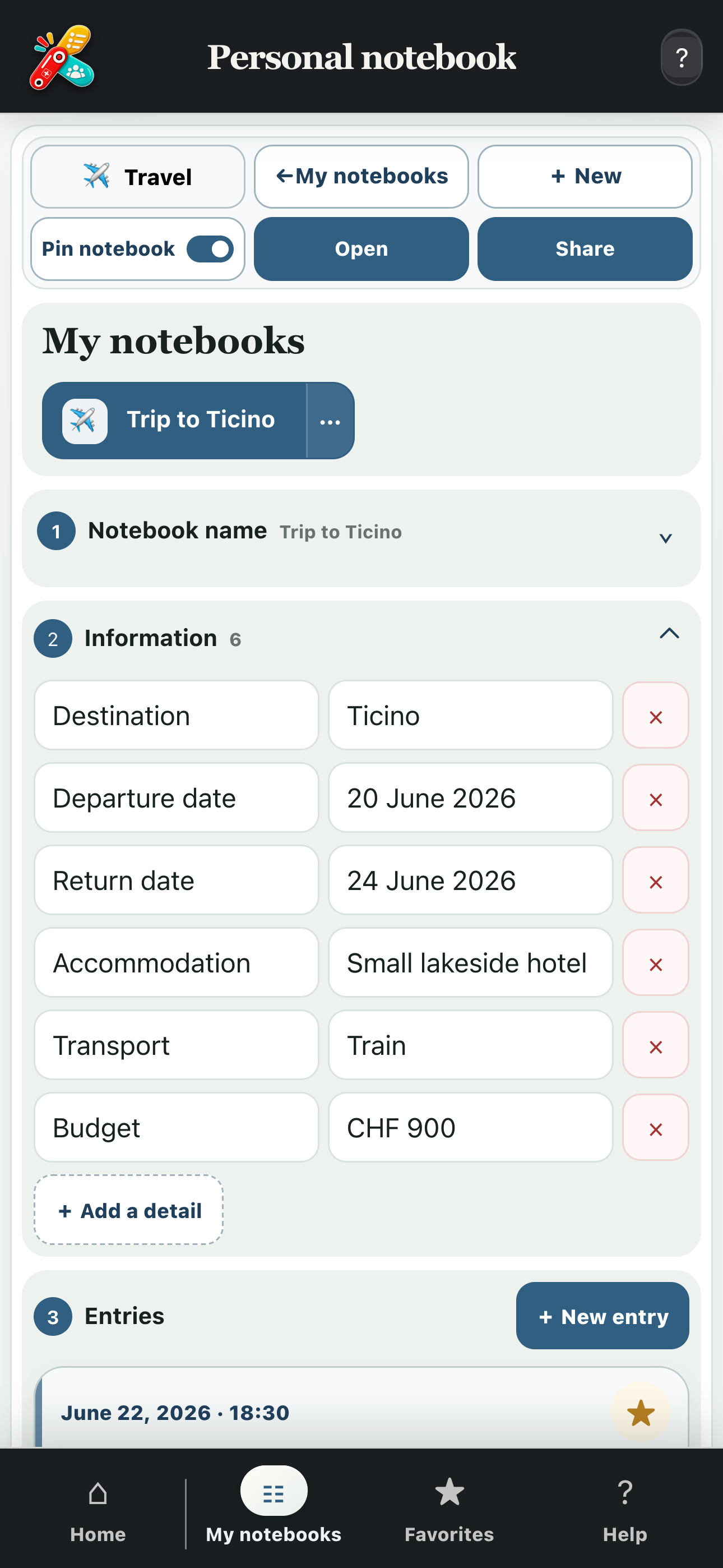 Full-screen view of a travel notebook with information, writing and photos