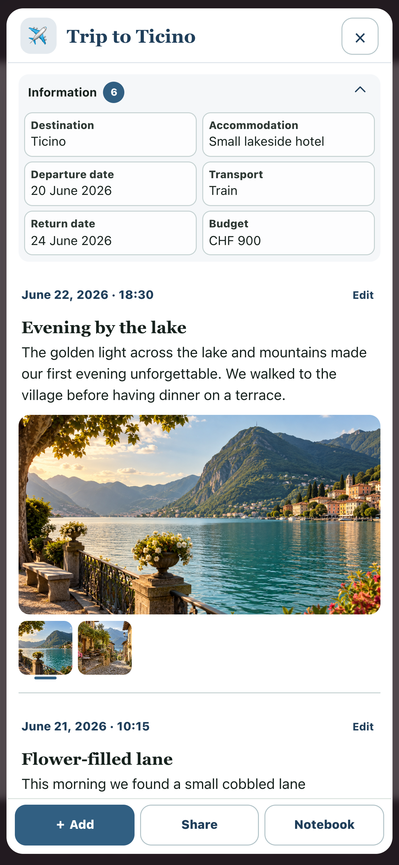 Full preview of Trip to Ticino with illustrated entries