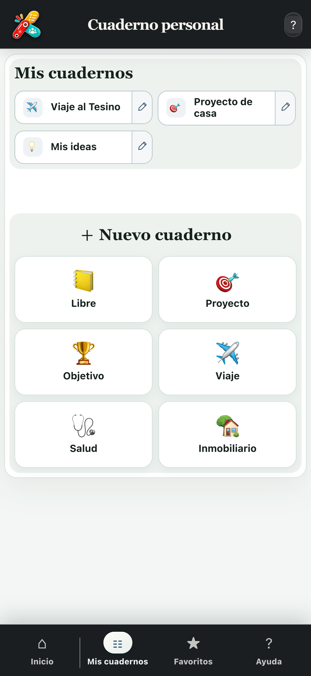 Pantalla completa de Mis cuadernos y las plantillas disponibles