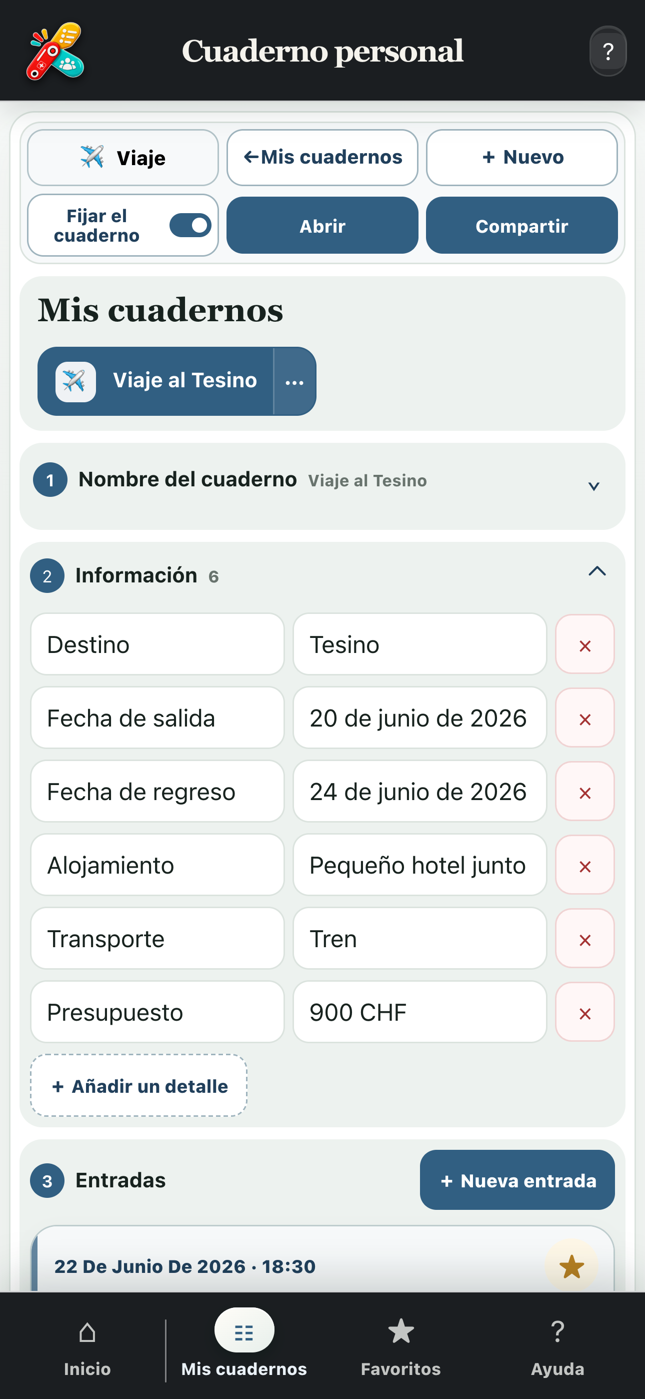 Pantalla completa de un cuaderno de viaje con información, textos y fotos