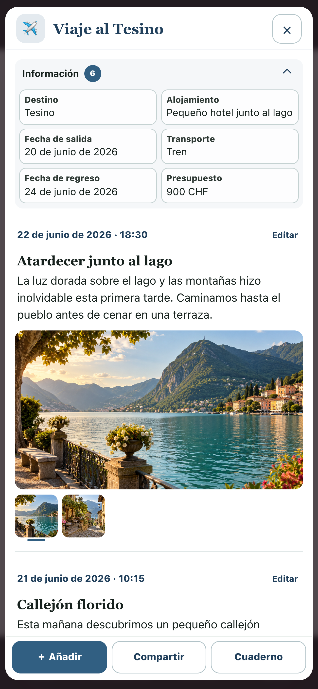 Vista previa completa de Viaje al Tesino con entradas ilustradas