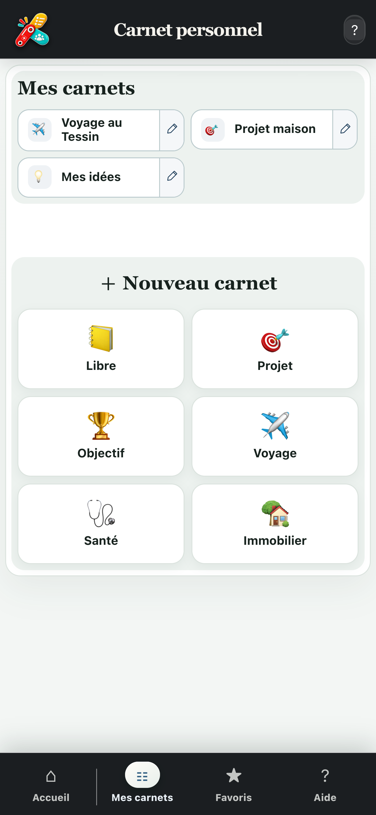 Écran complet de Mes carnets et des modèles disponibles