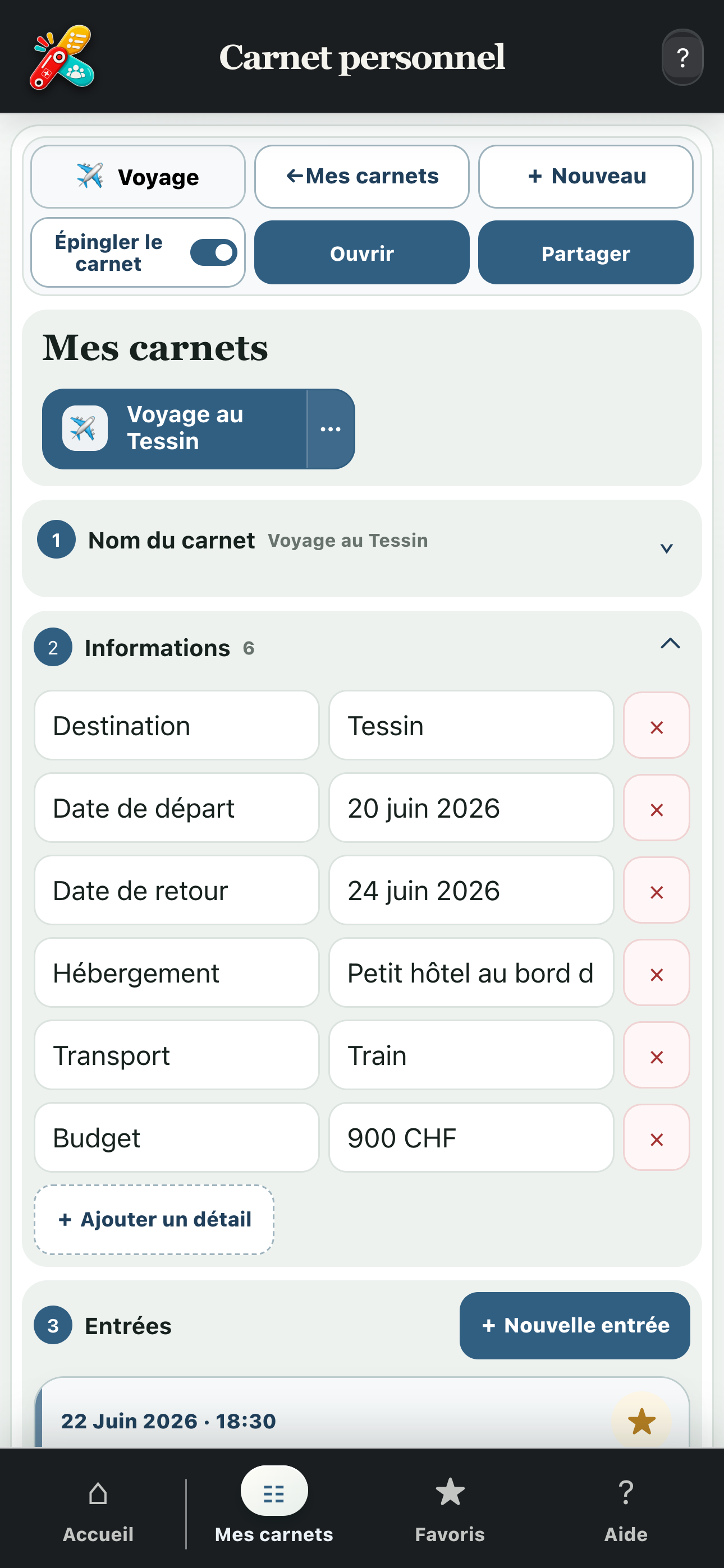 Écran complet d’un carnet de voyage avec informations, textes et photos