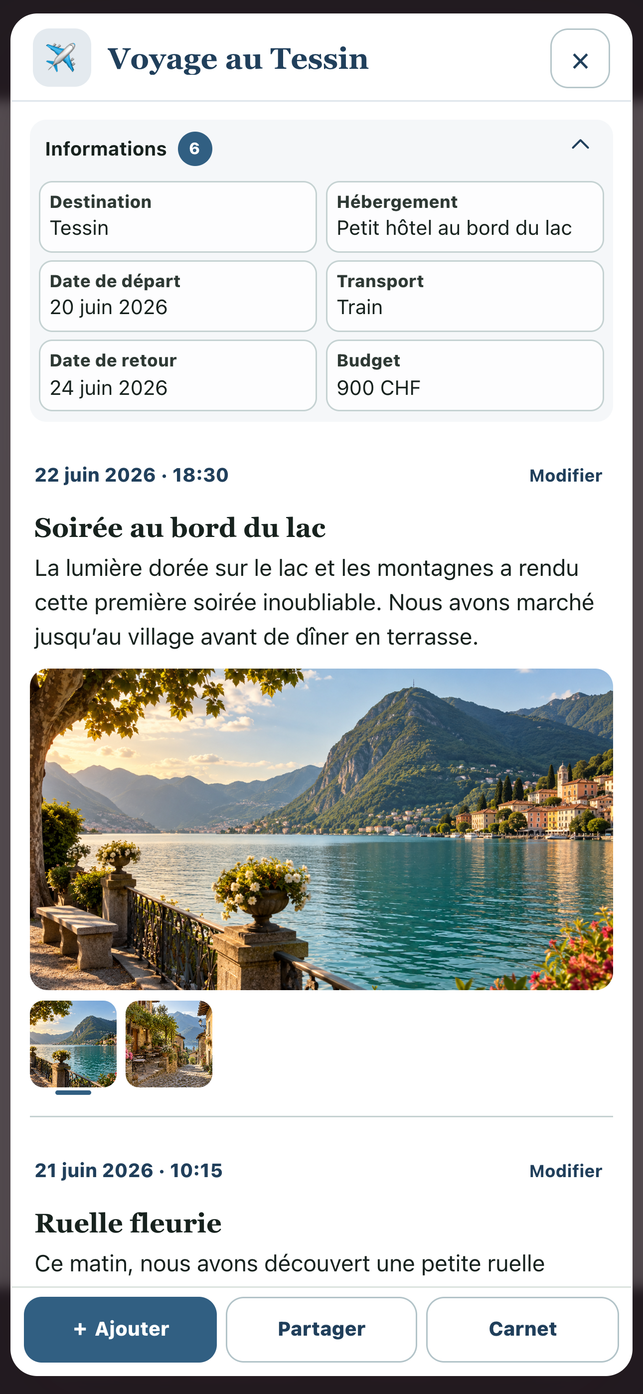 Aperçu complet du carnet Voyage au Tessin avec ses entrées illustrées