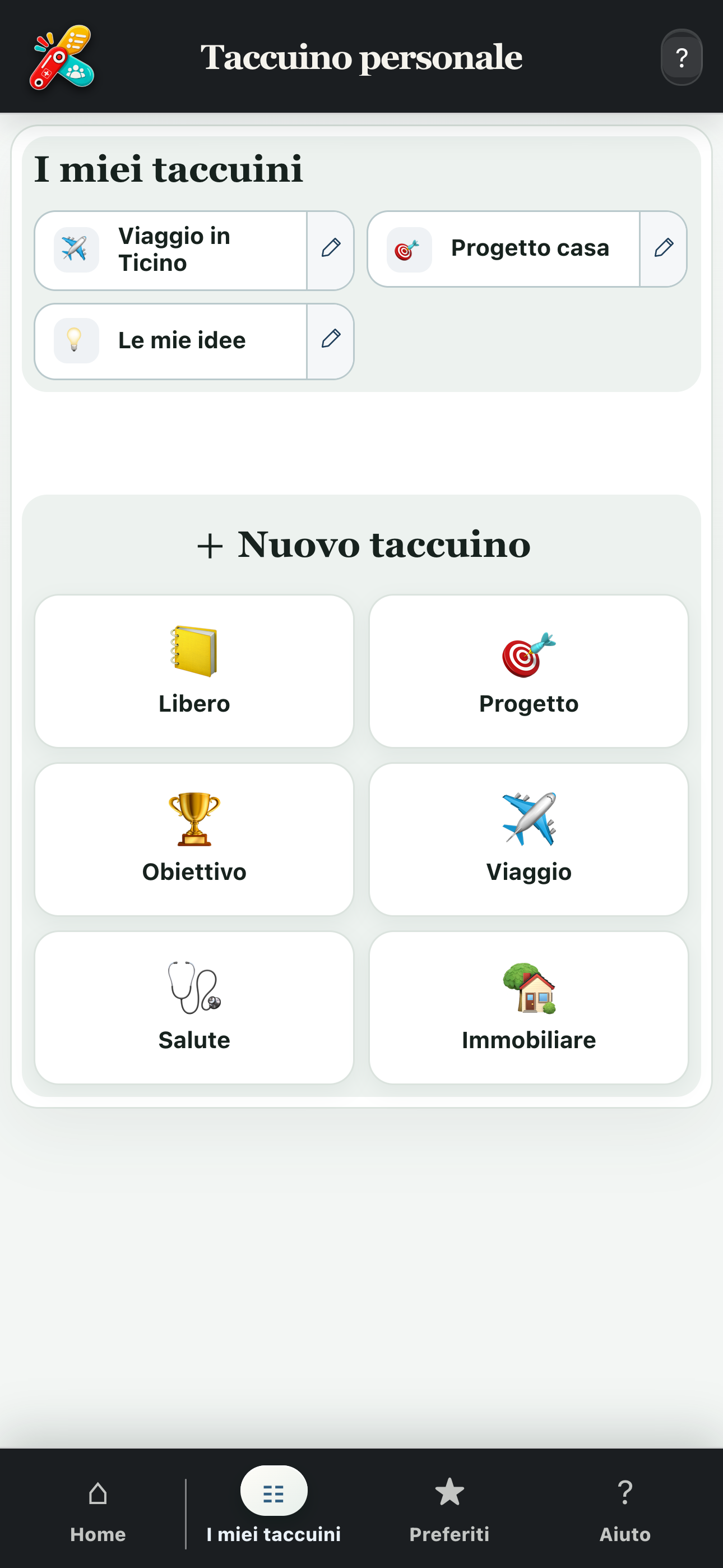 Schermata completa dei miei taccuini e dei modelli disponibili