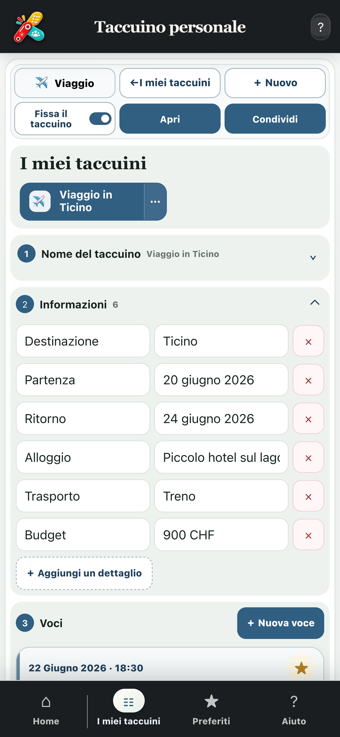 Schermata completa di un taccuino di viaggio con informazioni, testi e foto