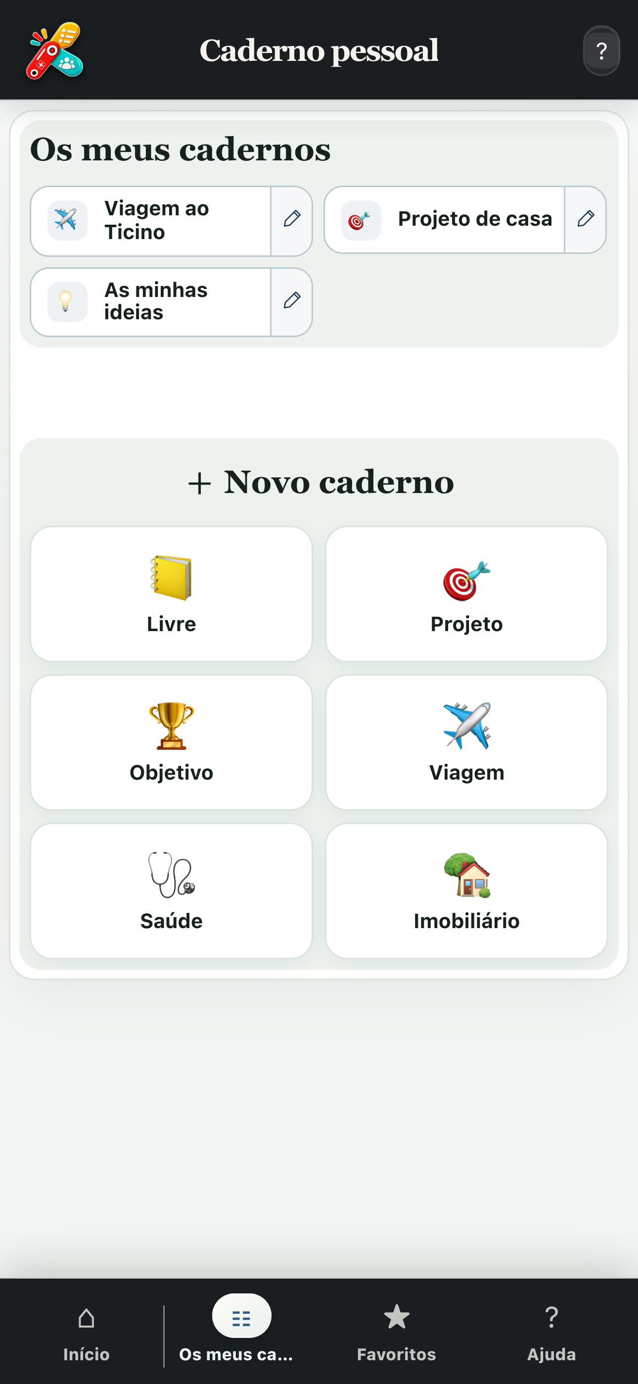 Ecrã completo dos meus cadernos e dos modelos disponíveis