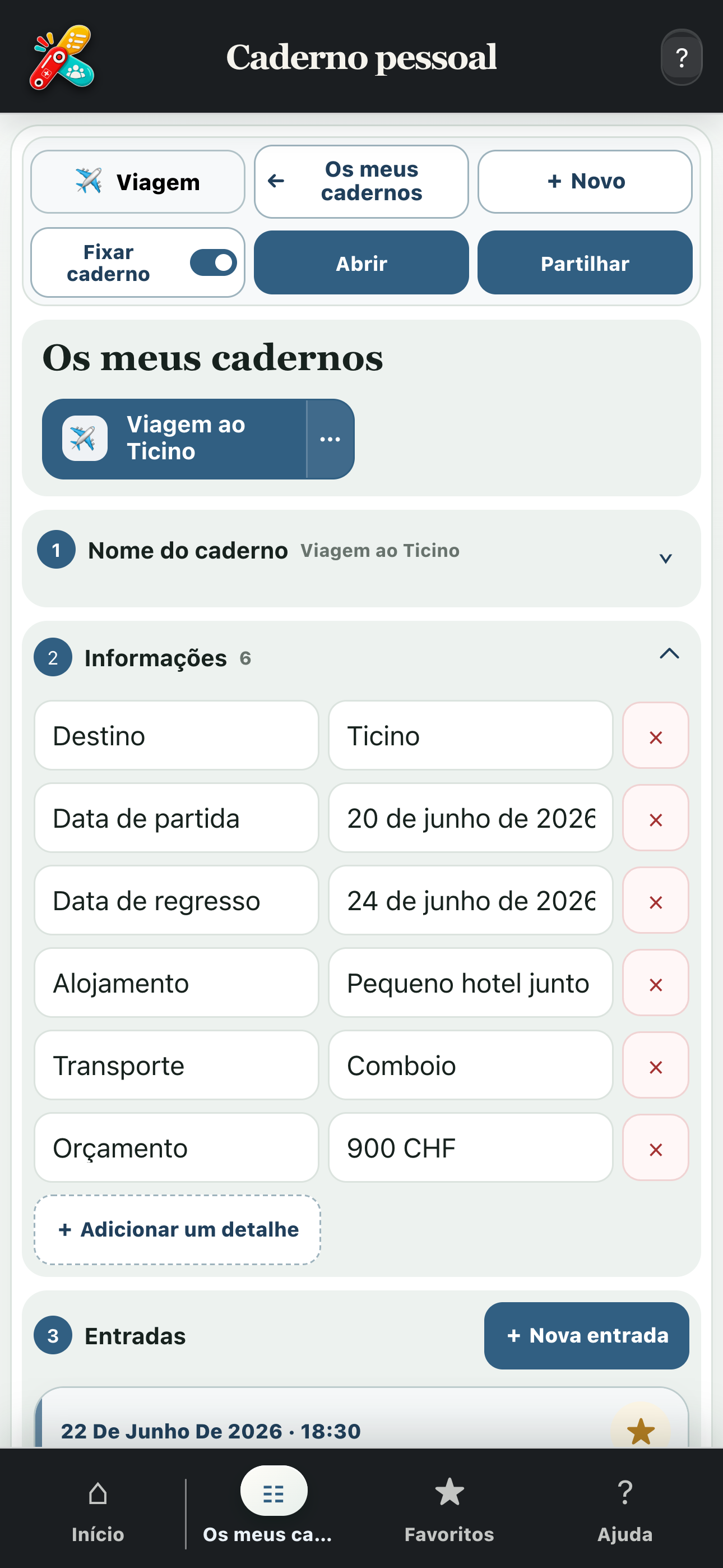 Ecrã completo de um caderno de viagem com informações, textos e fotografias