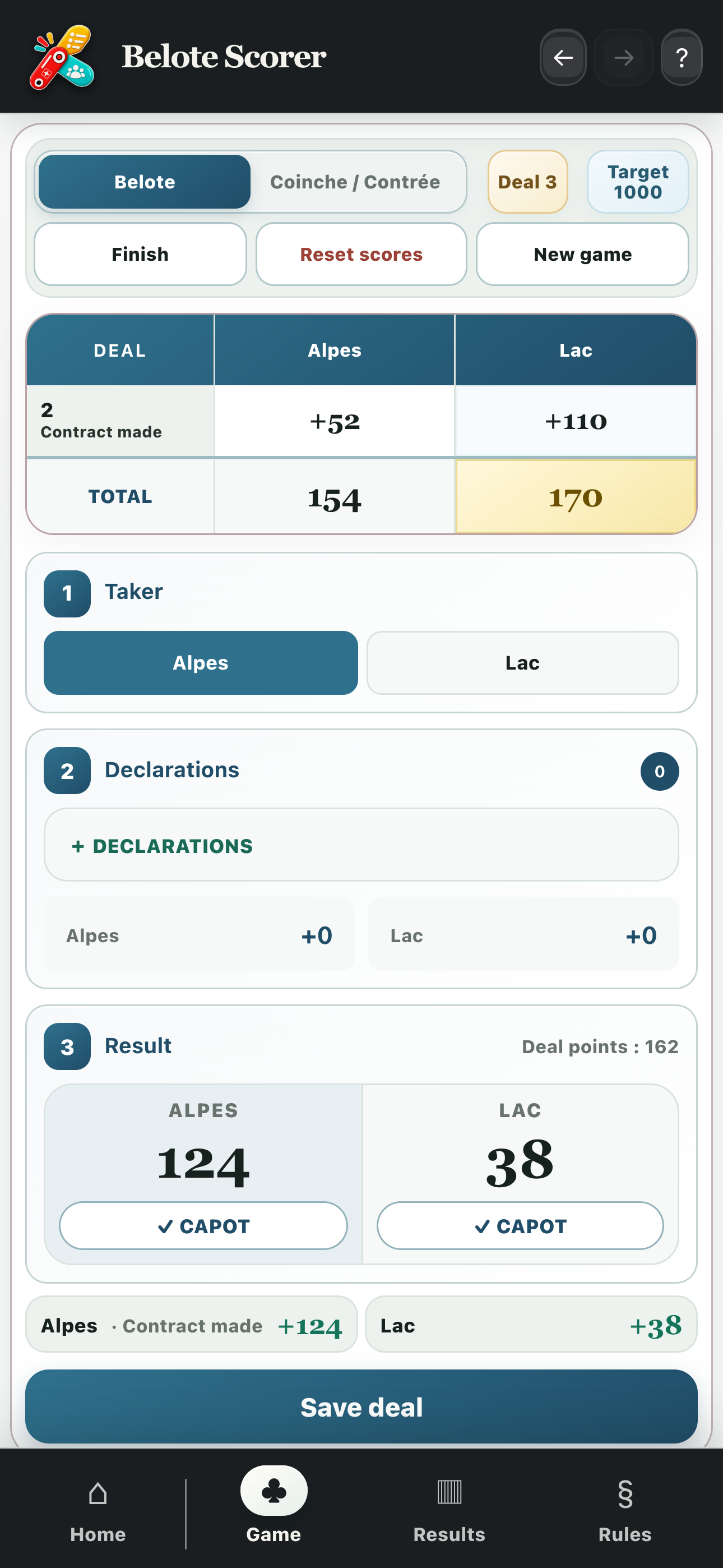 Scoring a classic Belote deal with the declaring team, declarations and card points