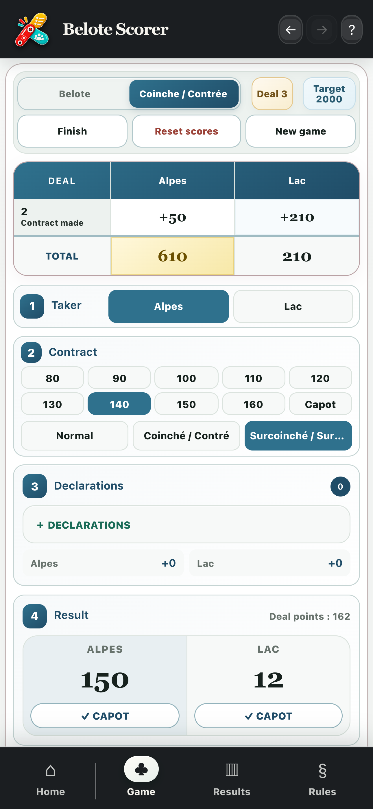 Scoring a Coinche deal with the declaring team, contract and card points