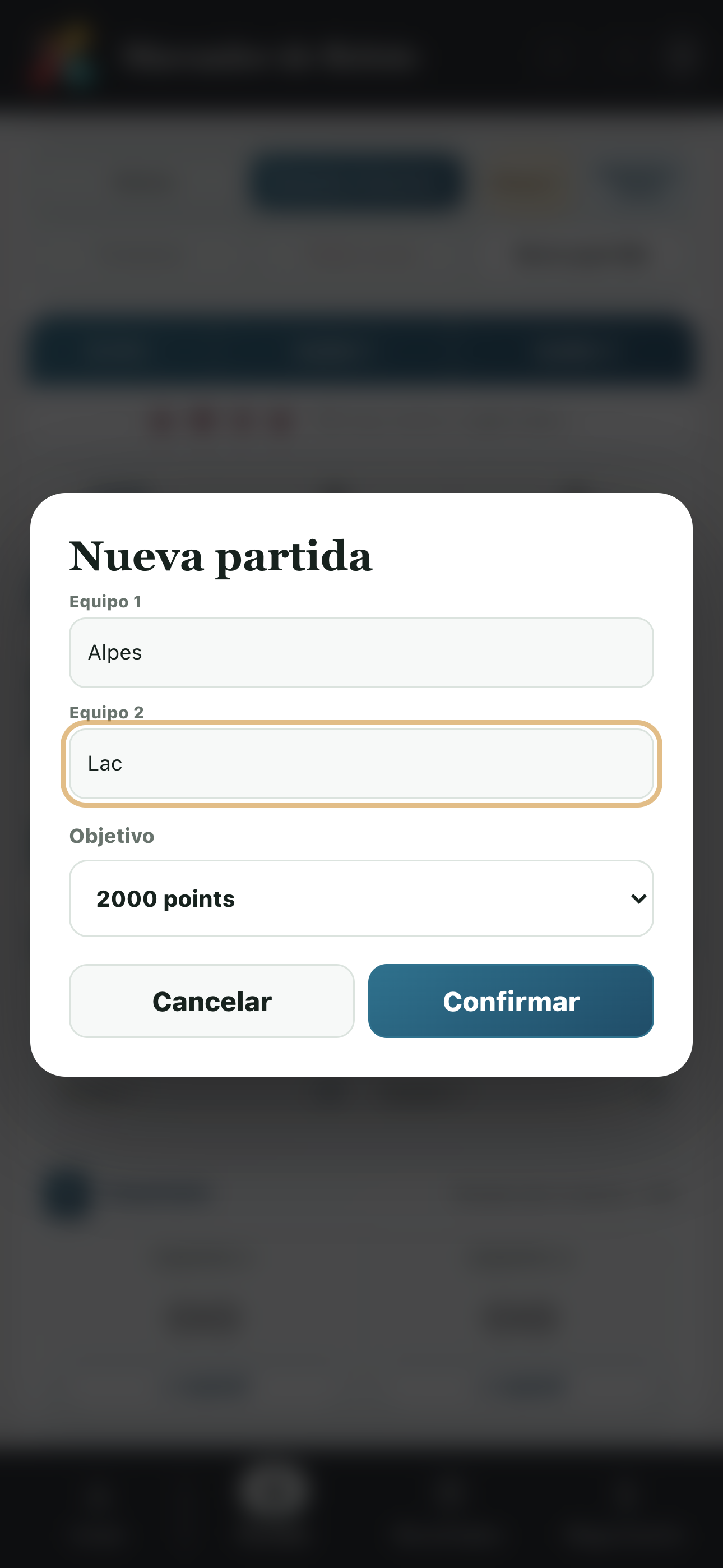 Preparación de una partida de Coinche con nombres de equipos y objetivo
