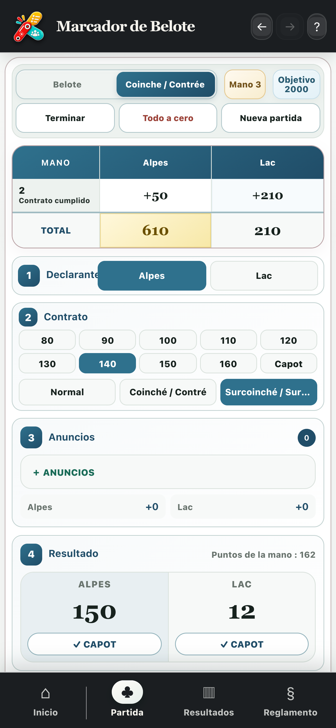 Cálculo de una mano de Coinche con equipo declarante, contrato y puntos