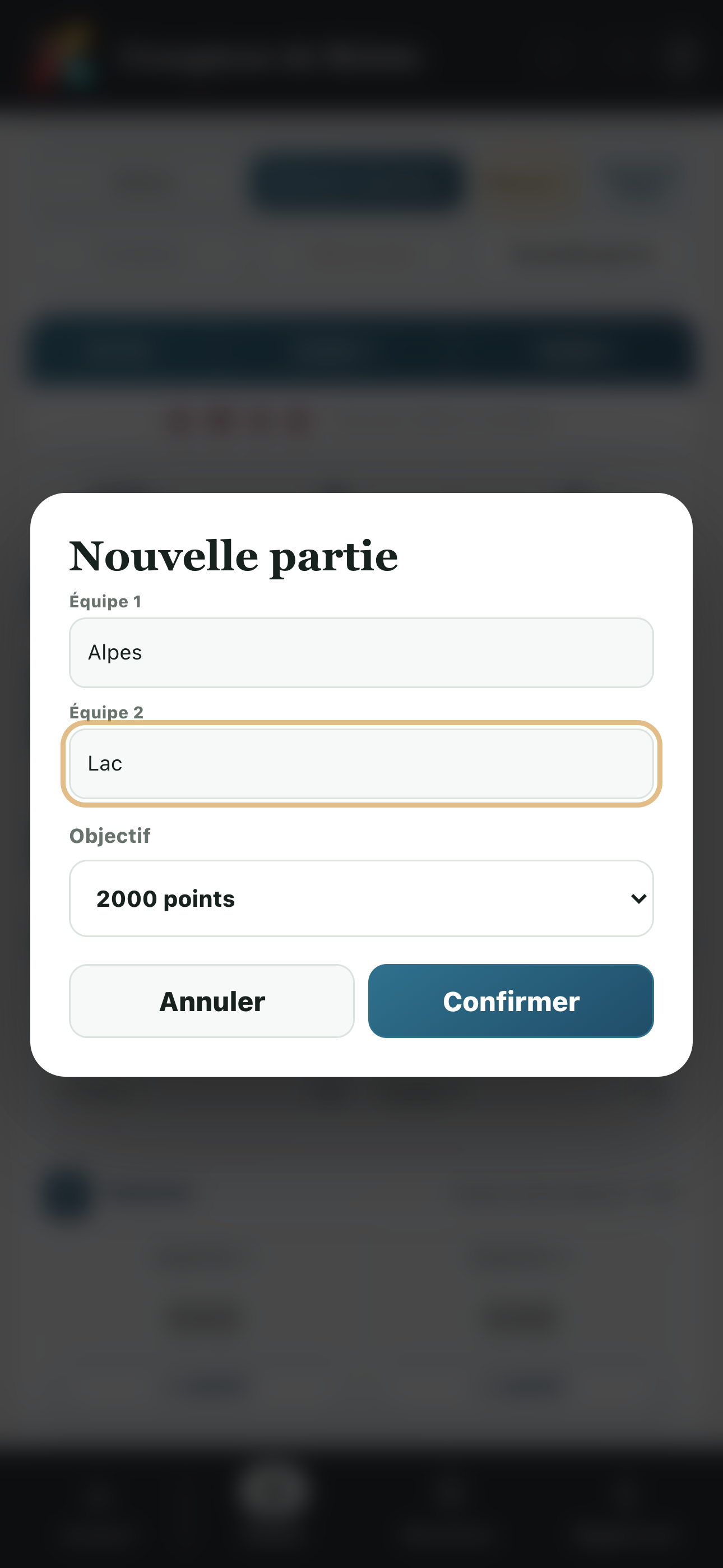 Préparation d’une partie de Coinche avec les noms des équipes et l’objectif
