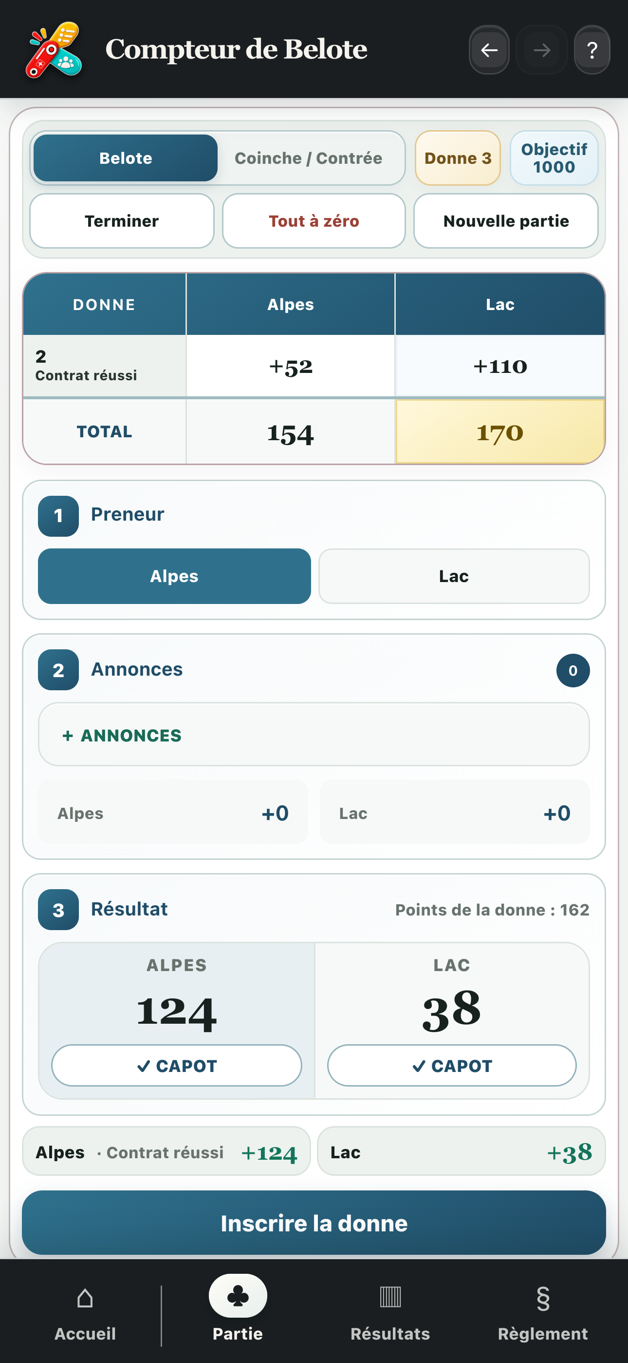 Saisie d’une donne de Belote classique avec le preneur, les annonces et les points