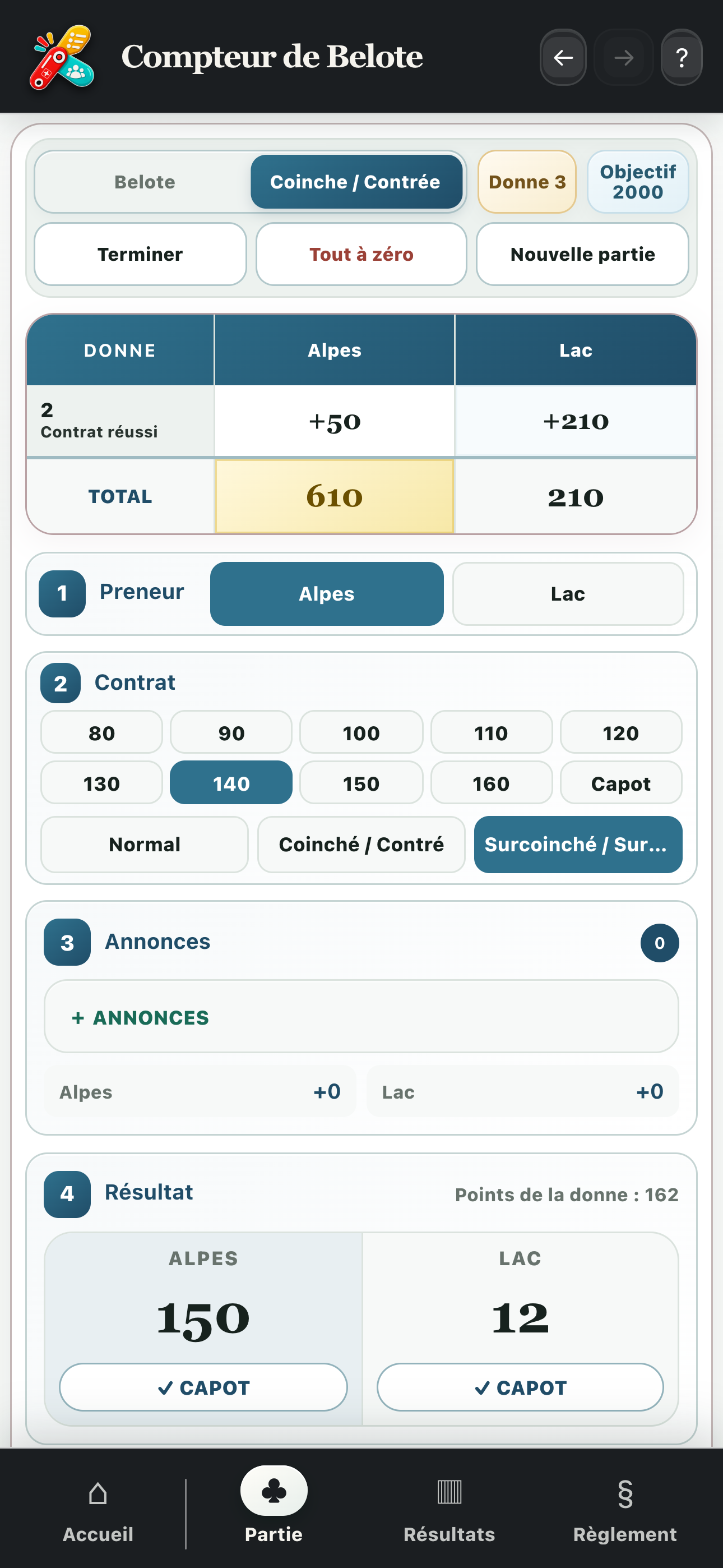 Calcul d’une donne de Coinche avec le preneur, le contrat et les points