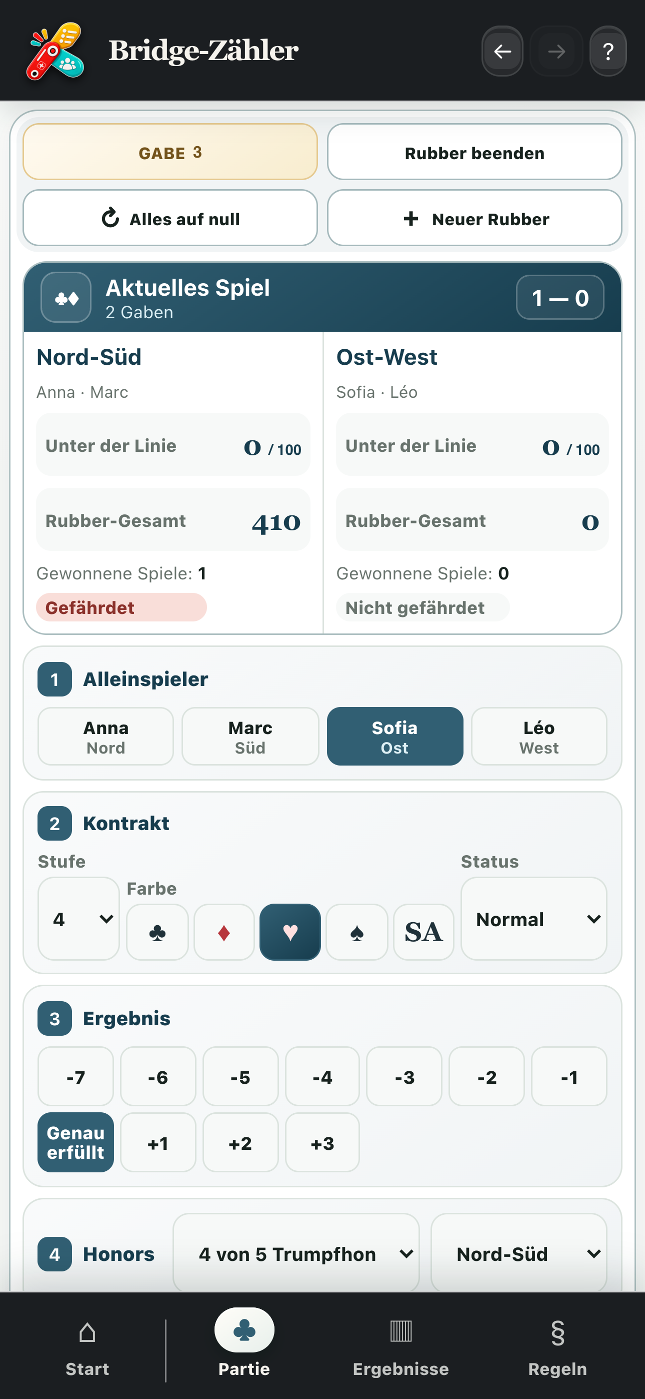 Berechnung einer Gabe mit Alleinspieler, Kontrakt und Ergebnis