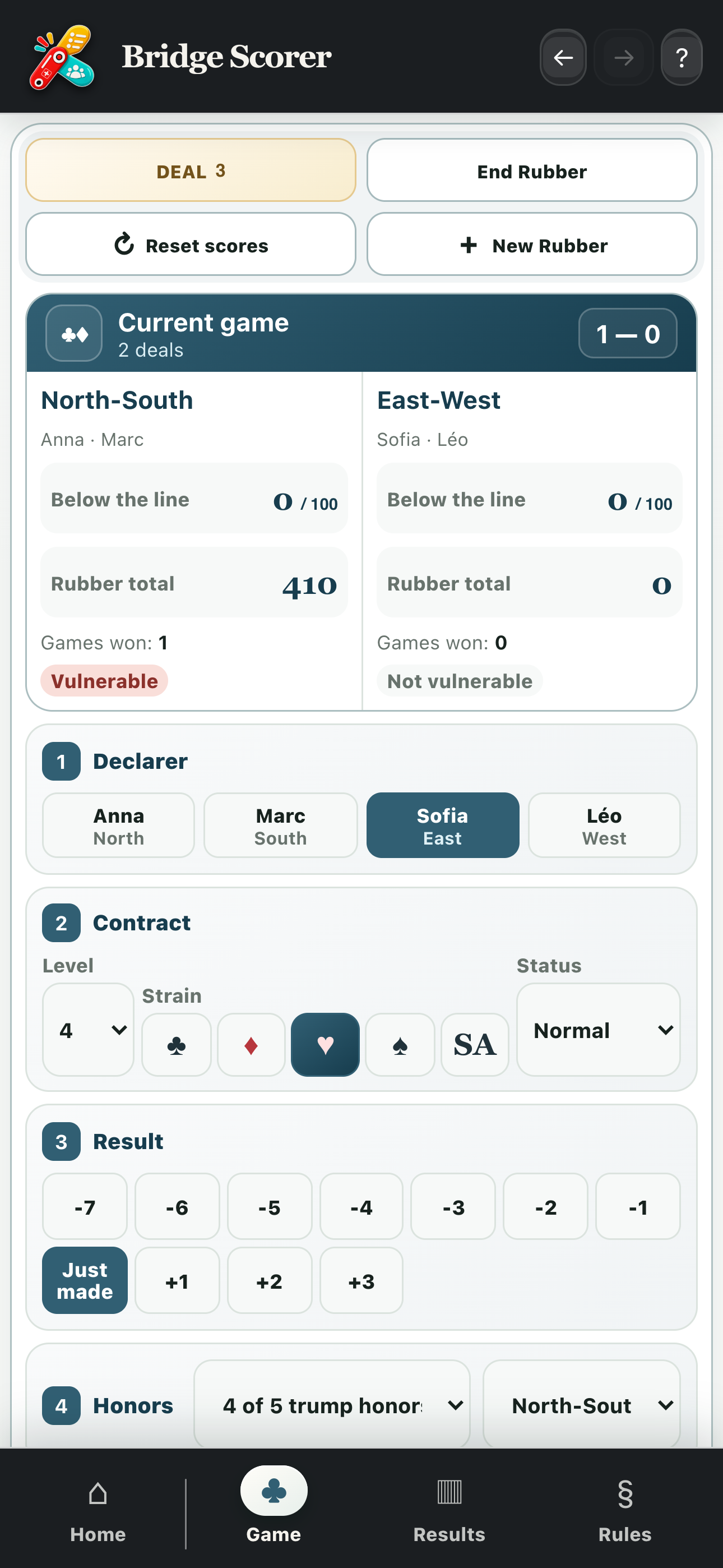 Scoring a deal with its declarer, contract and result