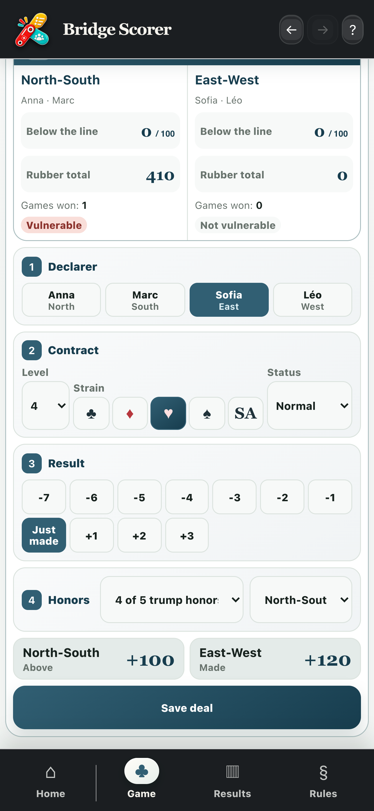 Lower part of the scoring form with honors, calculated scores and the button to save the deal