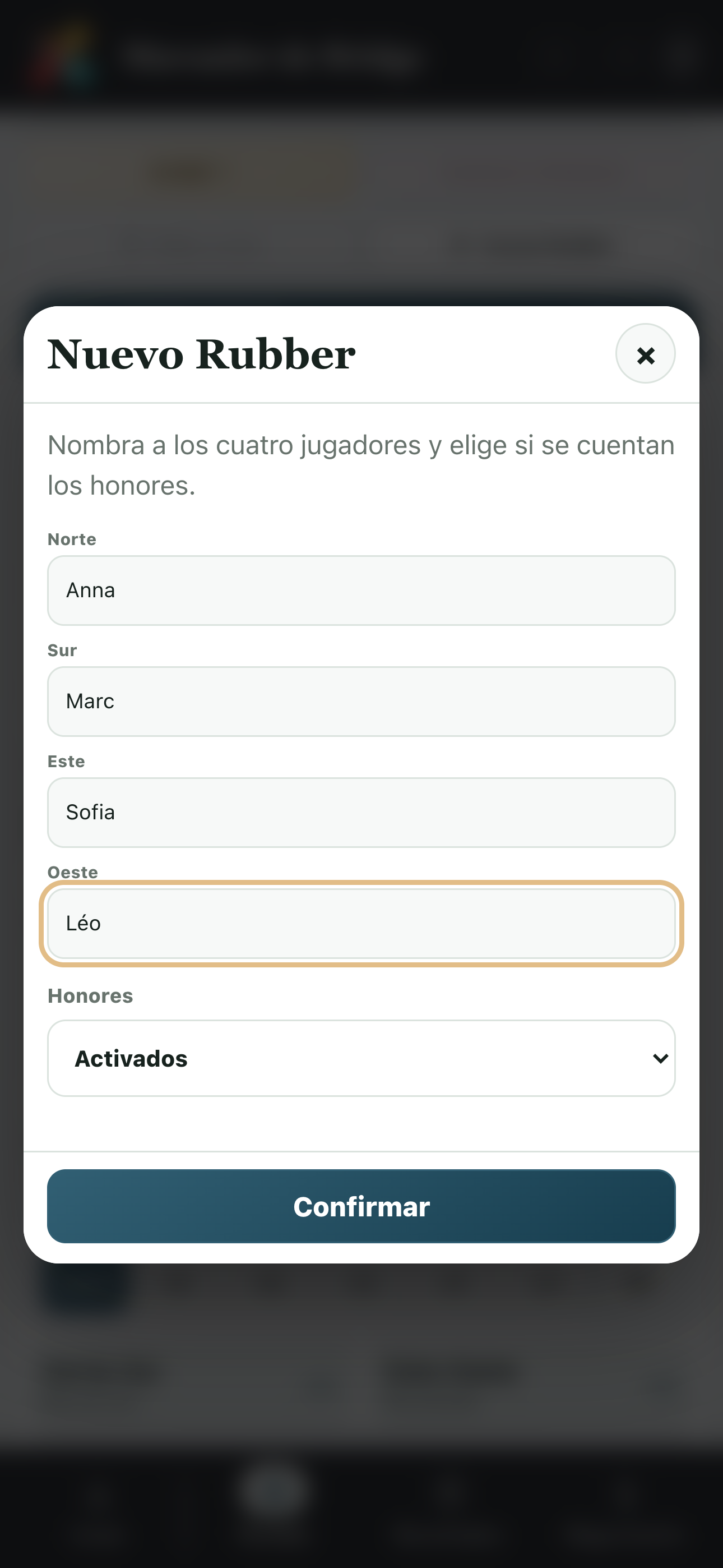 Preparación de un Rubber Bridge con cuatro jugadores