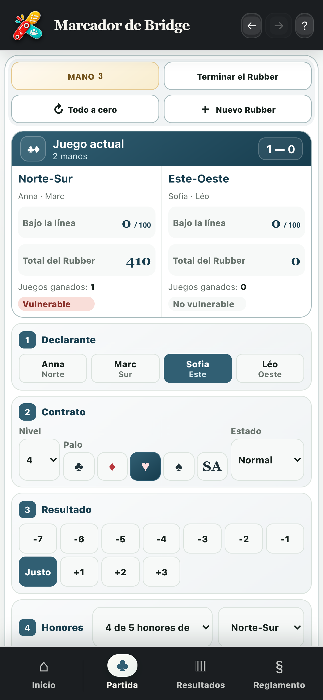 Cálculo de una mano con declarante, contrato y resultado