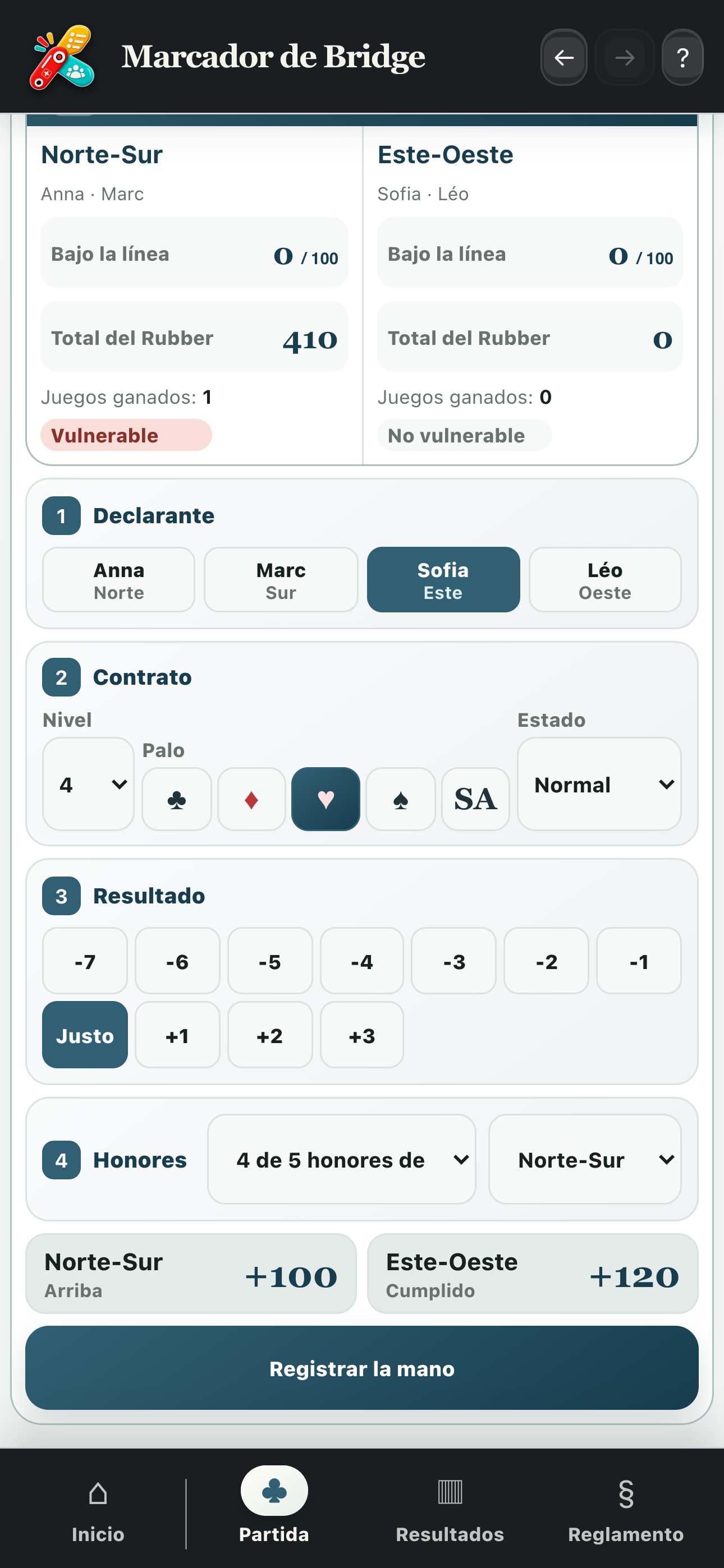 Parte inferior de la entrada con primas de honores, puntuaciones calculadas y botón para guardar la mano