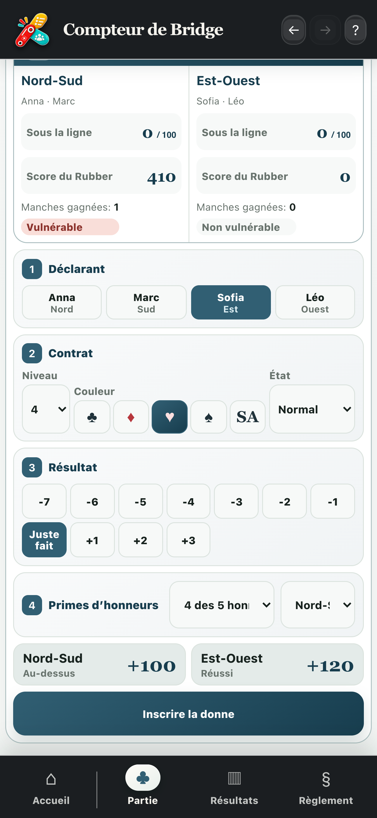 Bas de la saisie avec les primes d’honneurs, les scores calculés et le bouton pour inscrire la donne