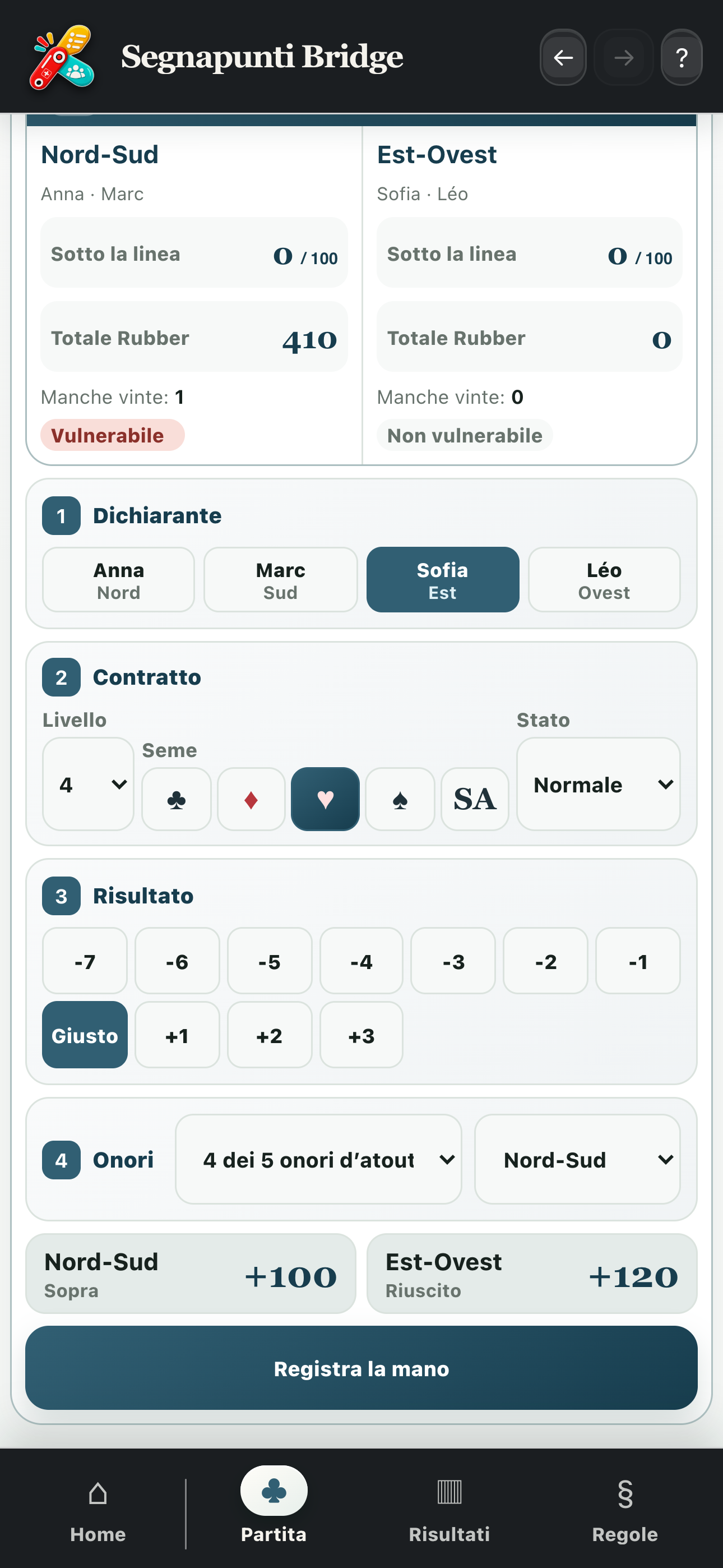 Parte inferiore dell’inserimento con premi d’onore, punteggi calcolati e pulsante per registrare la mano