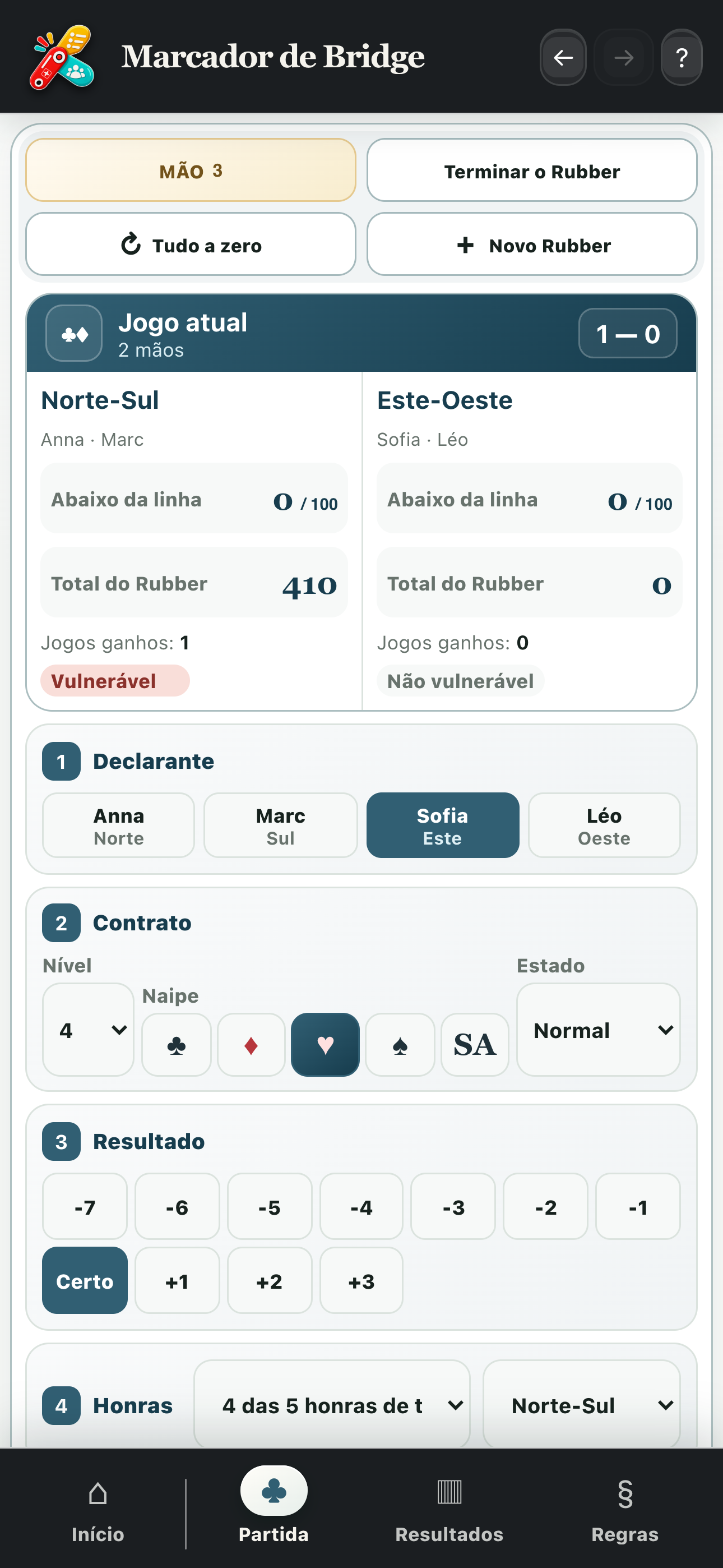 Cálculo de uma mão com declarante, contrato e resultado
