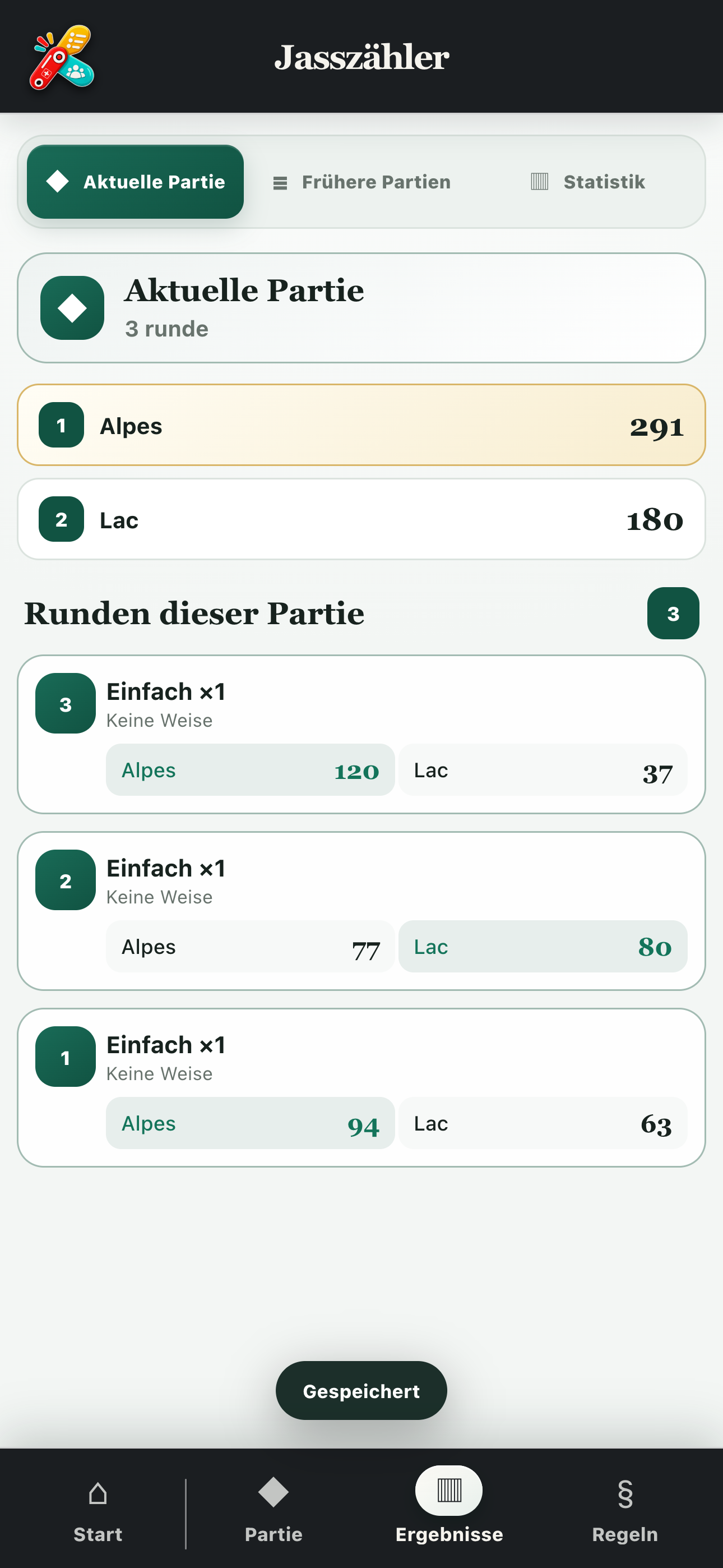 Partieergebnisse mit Summen und Details der Runden