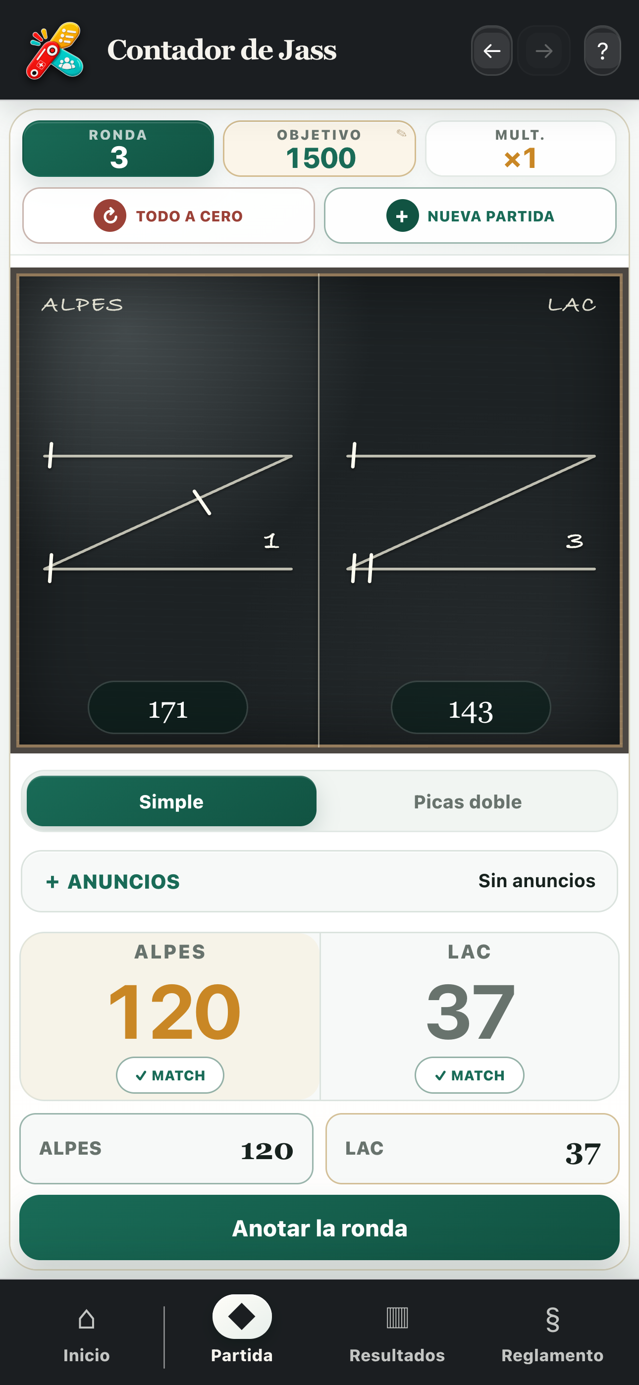 Pizarra en Z con entrada de puntos para una nueva mano
