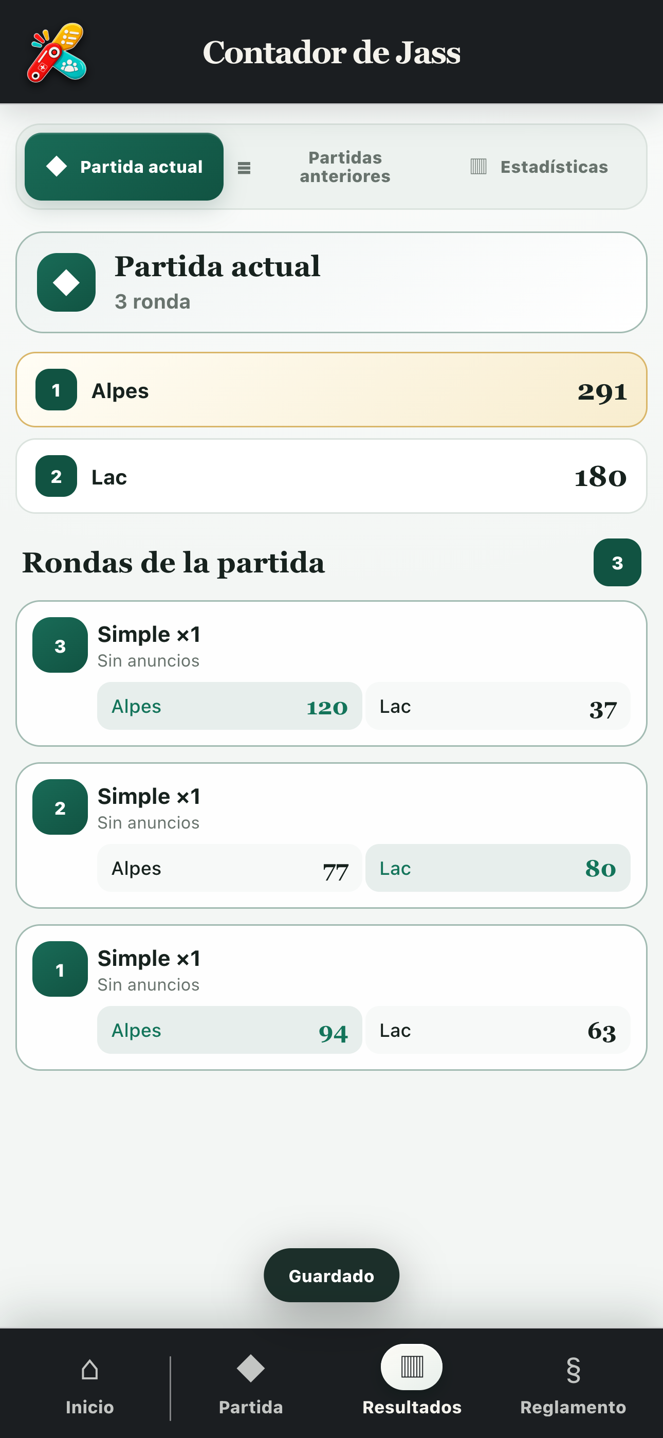 Resultados de la partida con totales y detalles de las manos