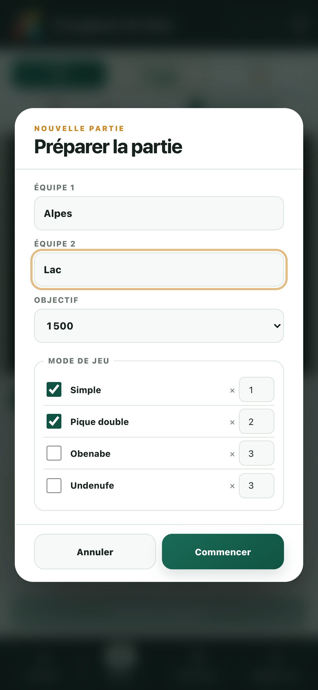 Préparation d’une partie avec les équipes, l’objectif et le mode de jeu