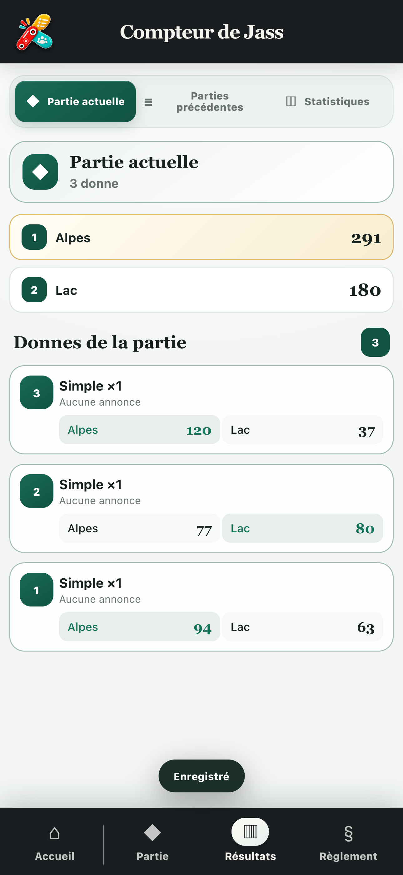 Résultats de la partie avec les totaux et le détail des donnes