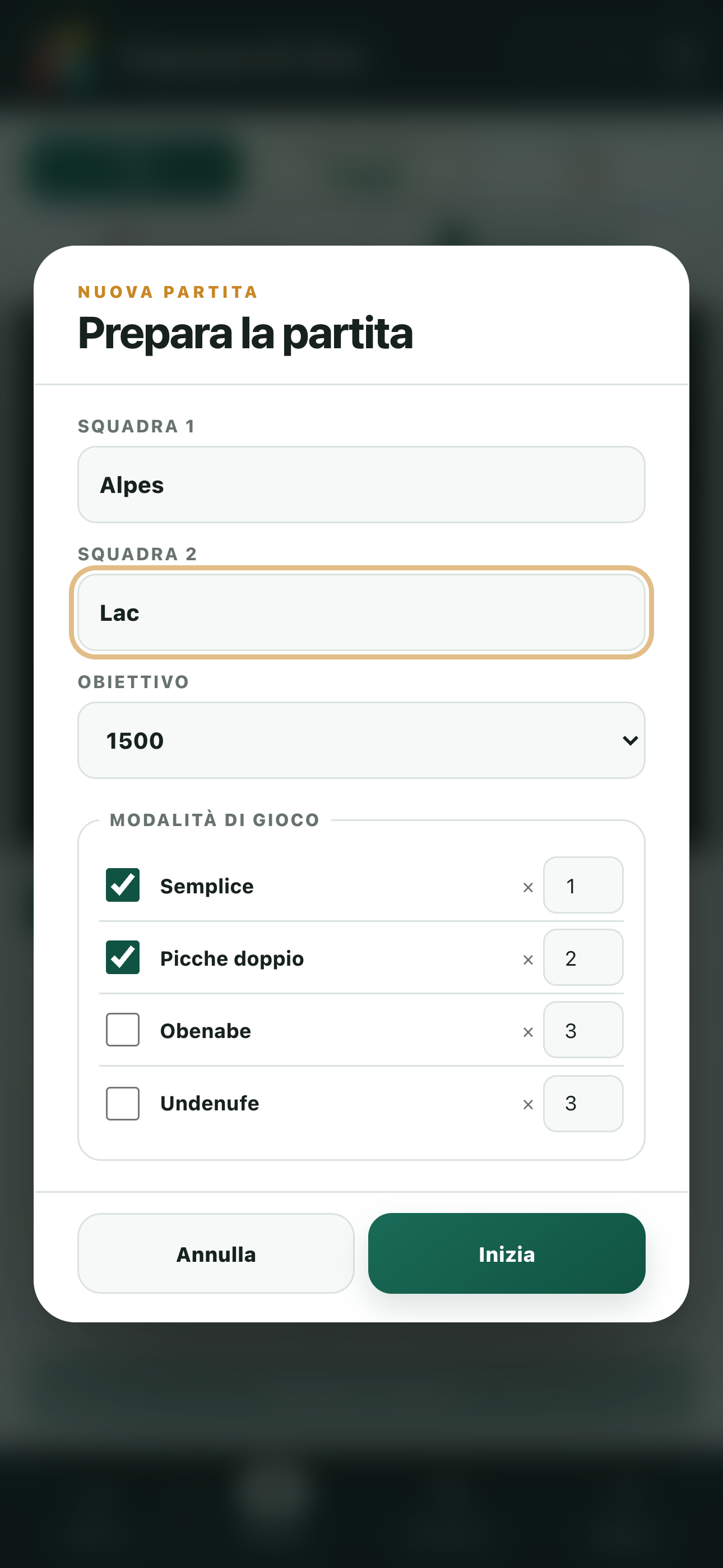 Preparazione di una partita con squadre, obiettivo e modalità di gioco