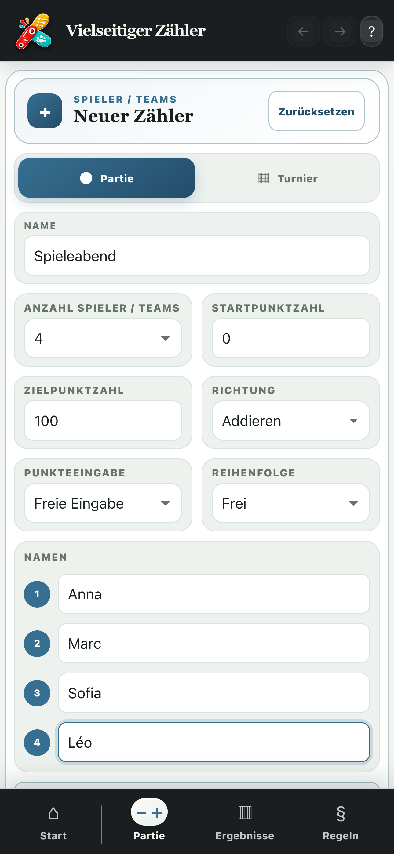 Konfiguration eines eigenen Zählers für vier Teilnehmer