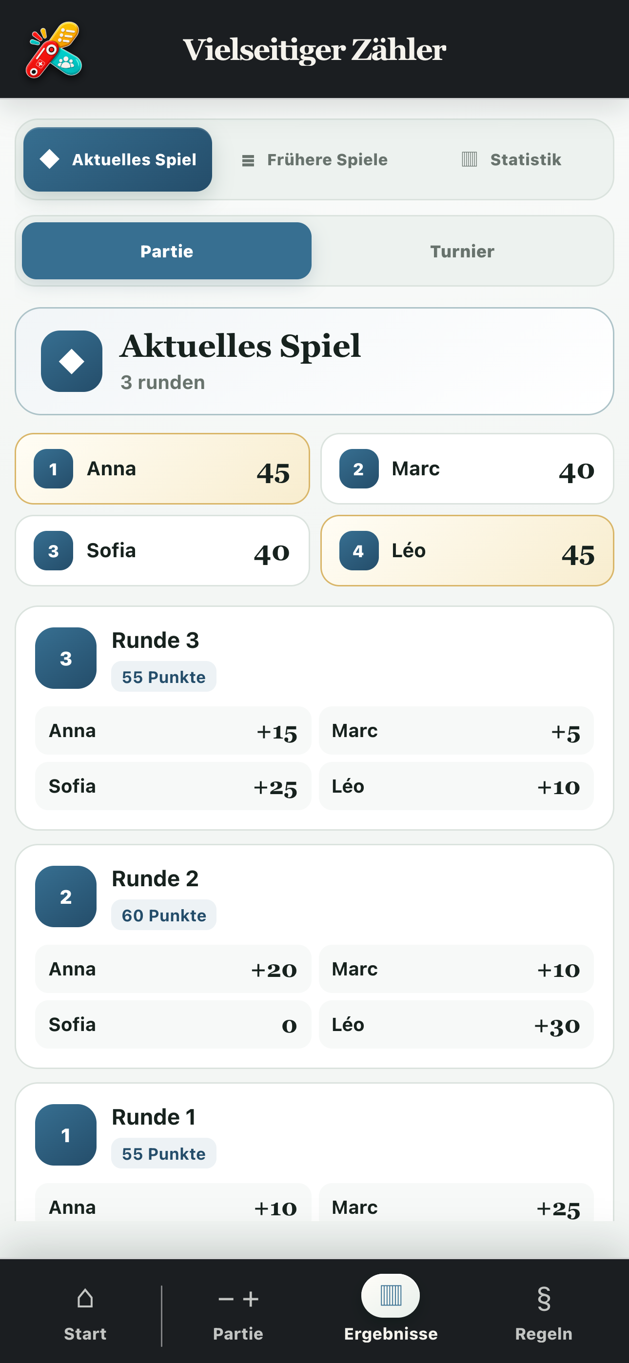 Spielergebnisse mit Rangliste und Einzelheiten der Runden