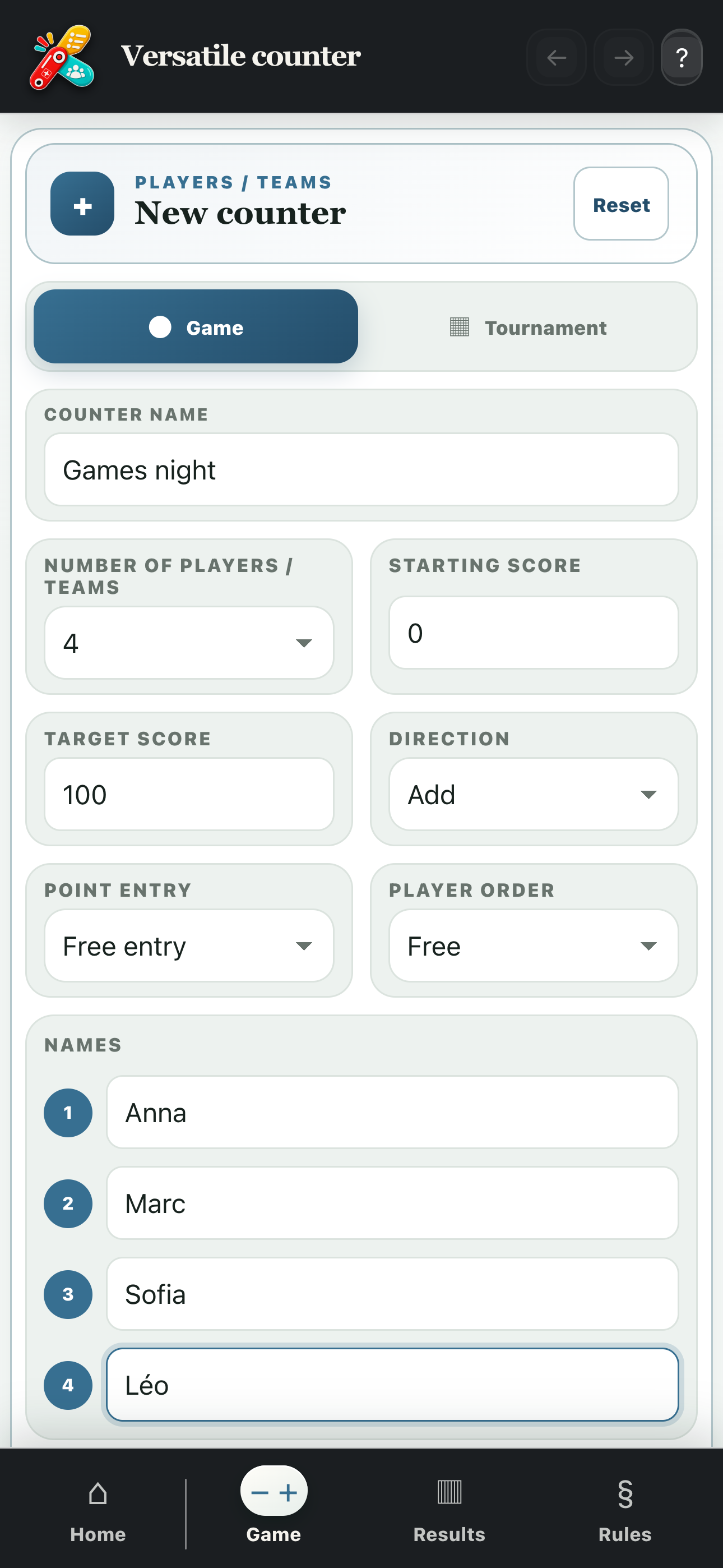 Setting up a custom counter for four participants