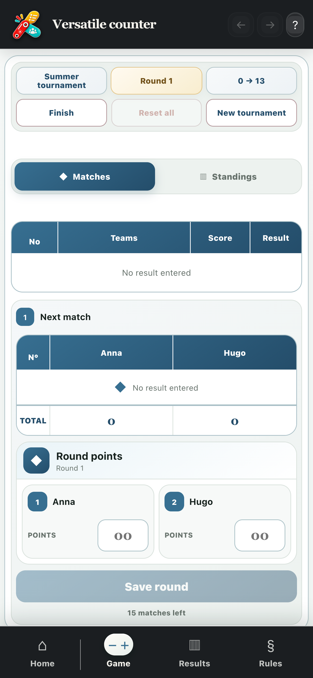Six-participant tournament with matches and standings