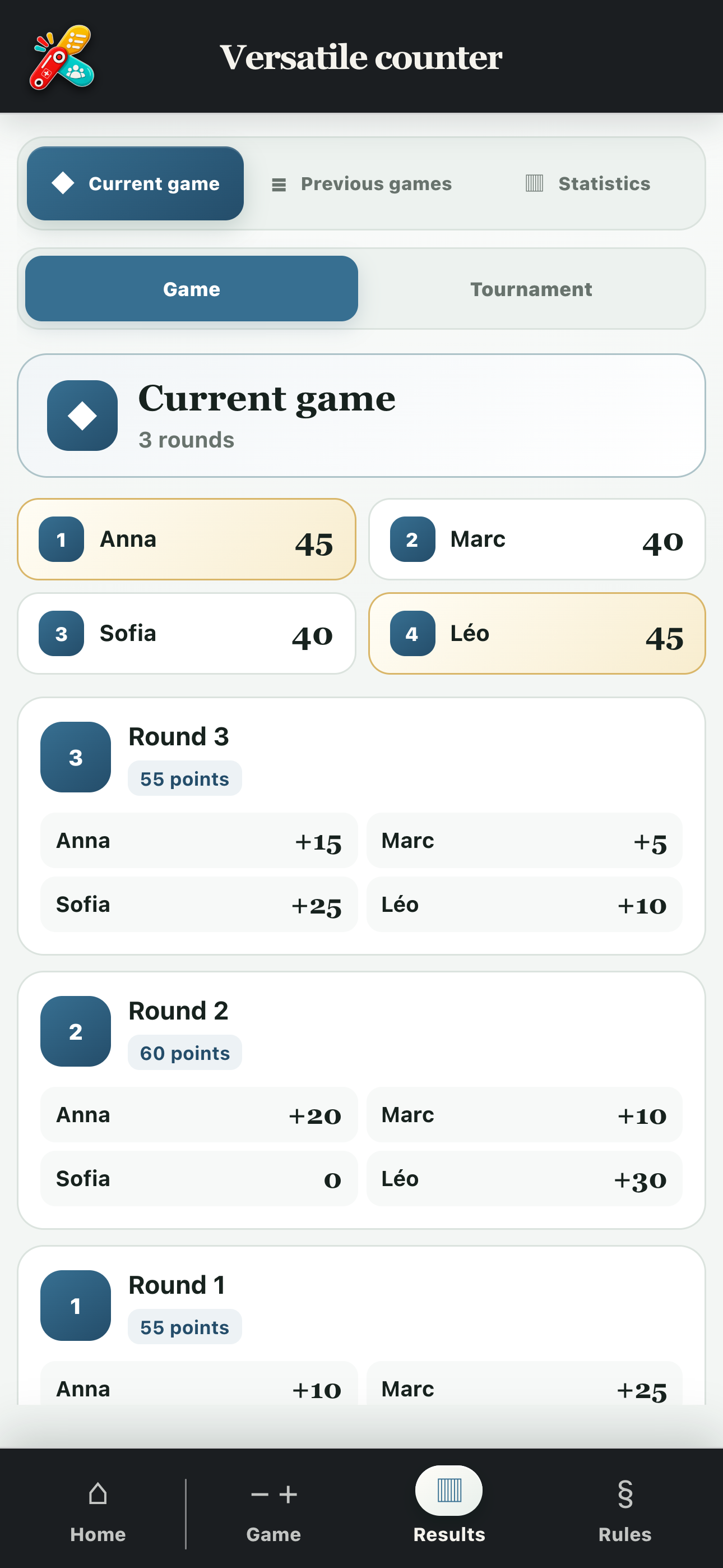 Game results with ranking and round details