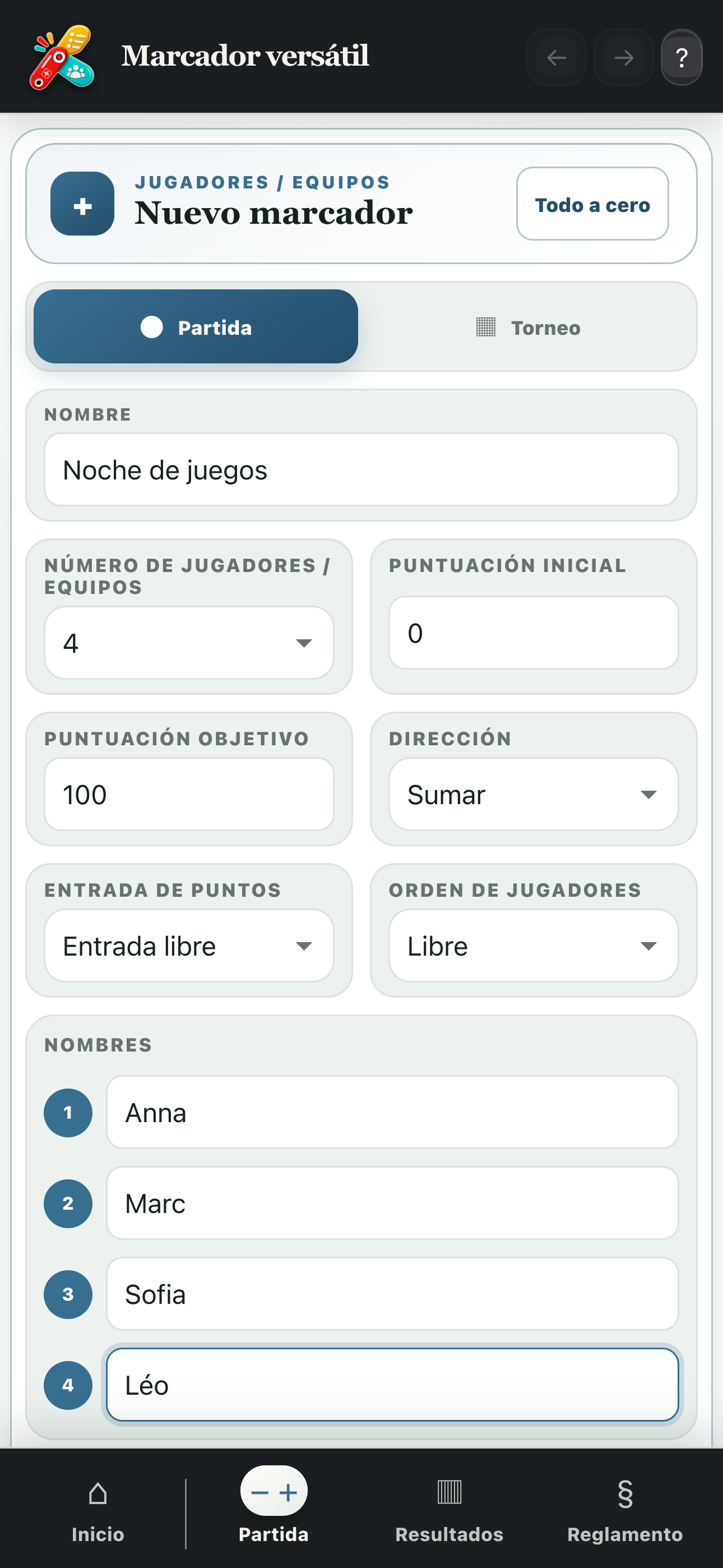 Configuración de un marcador personalizado para cuatro participantes