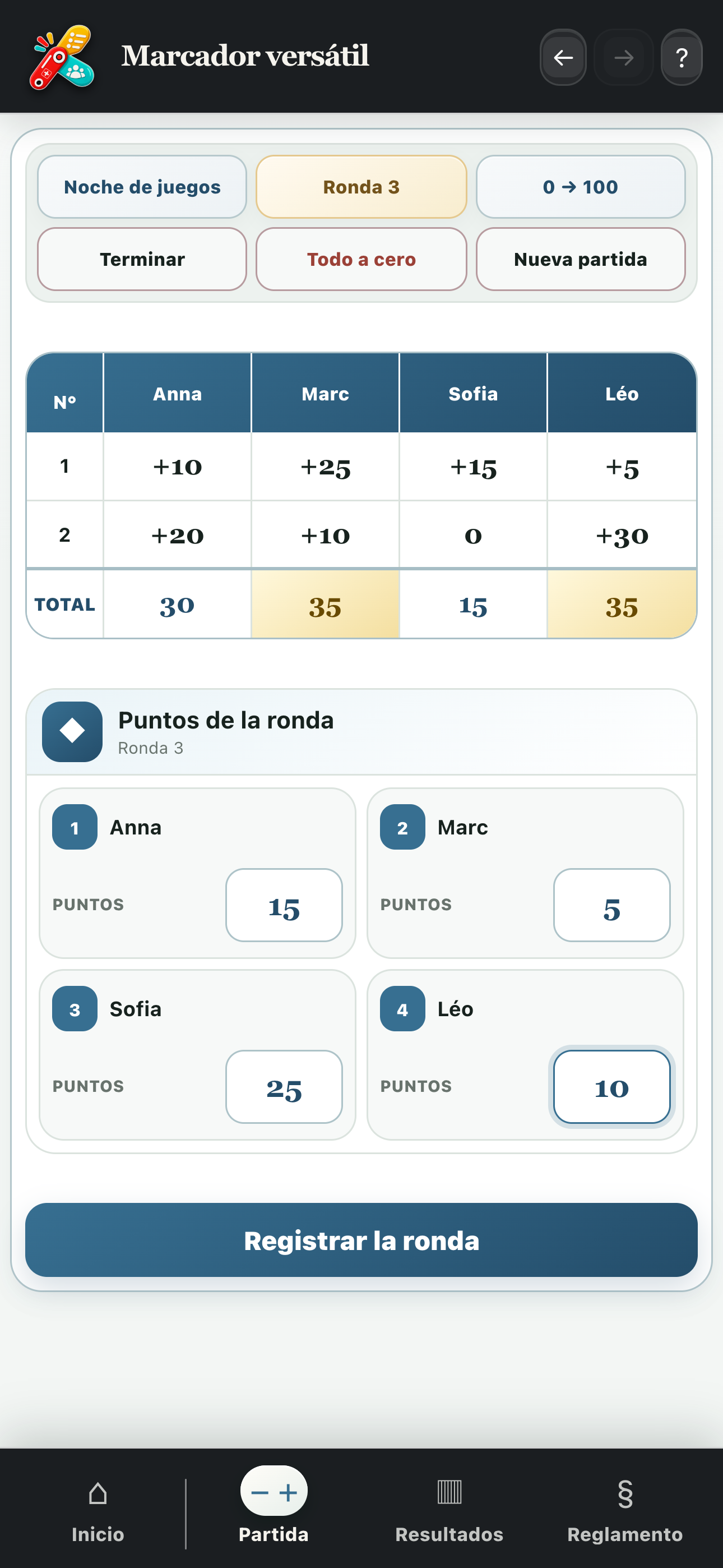 Entrada libre de puntos de una ronda con los totales