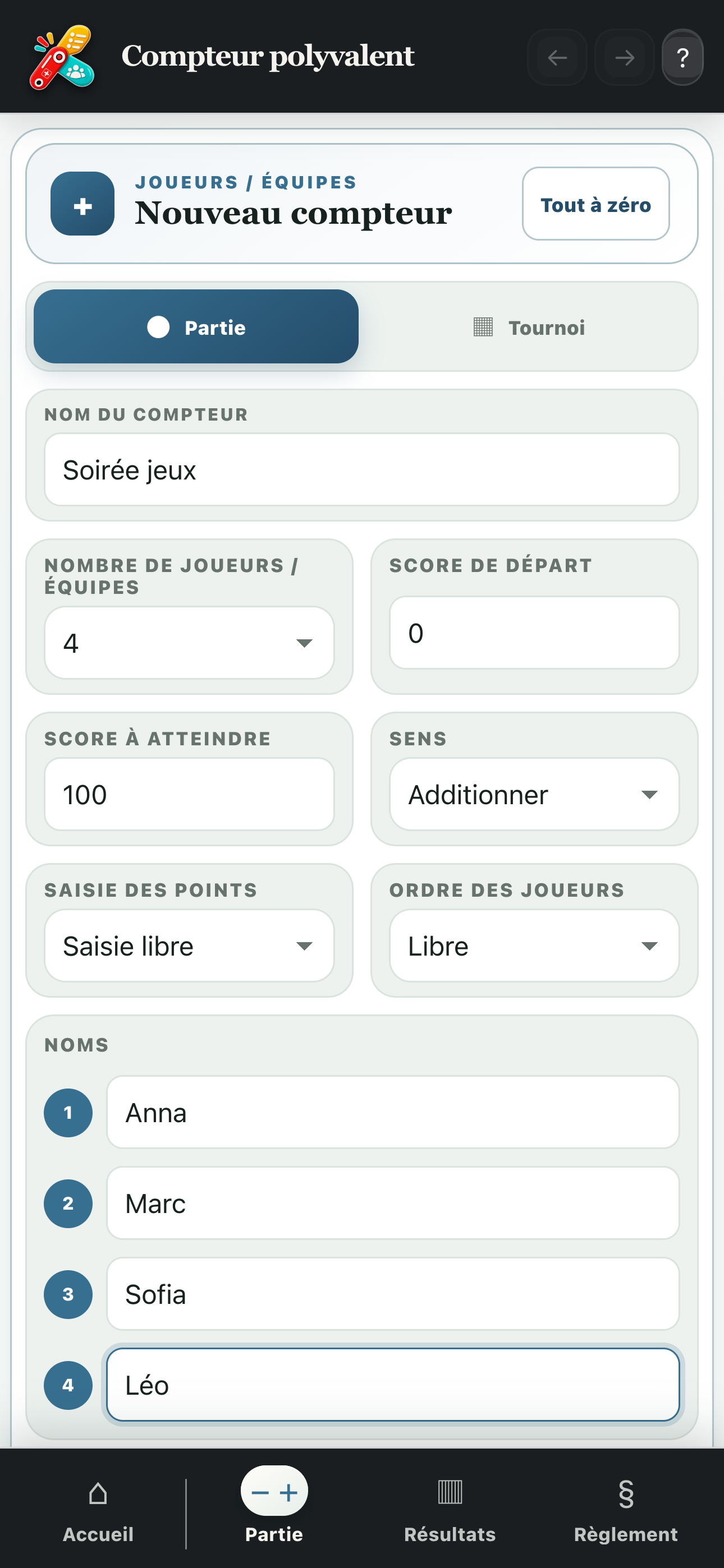 Configuration d’un compteur personnalisé pour quatre participants