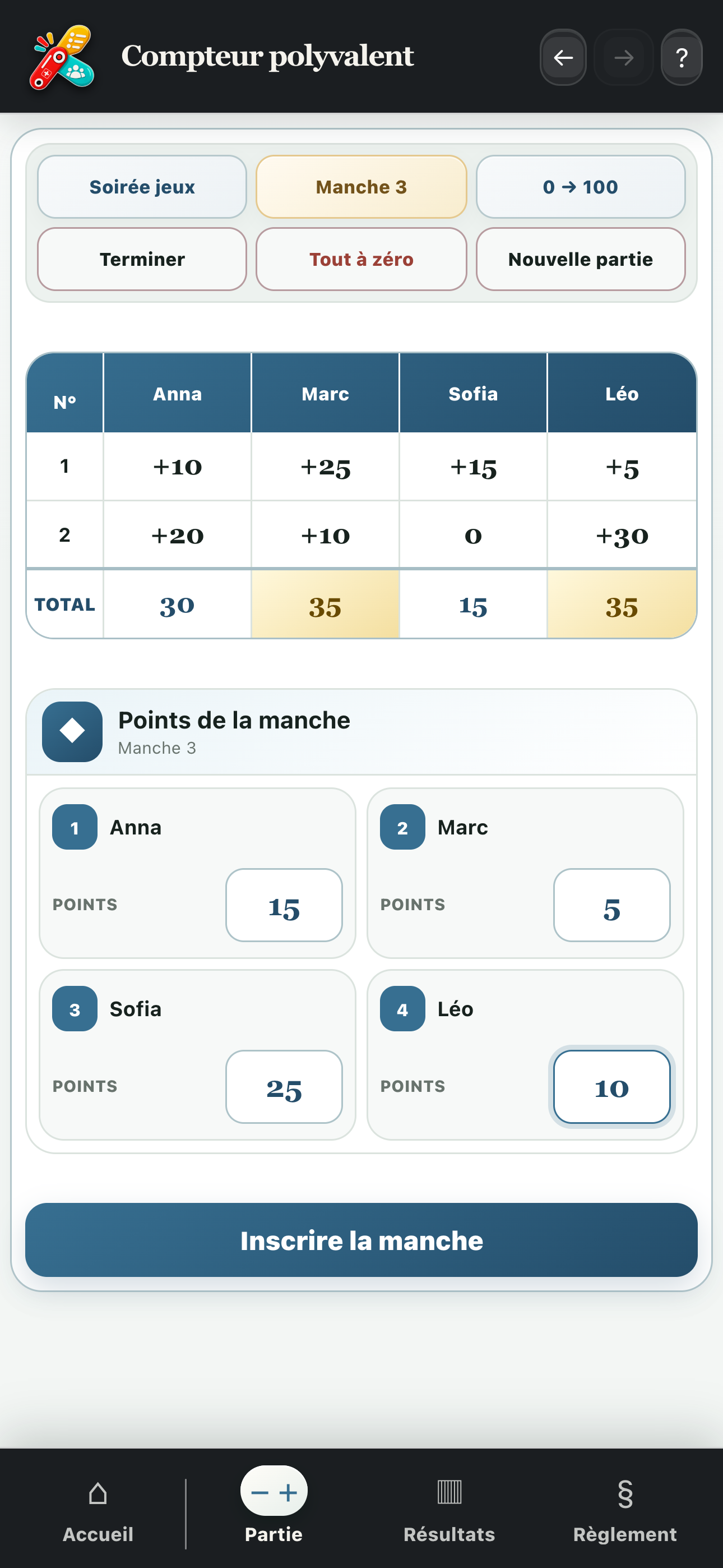 Saisie libre des points d’une manche avec les totaux