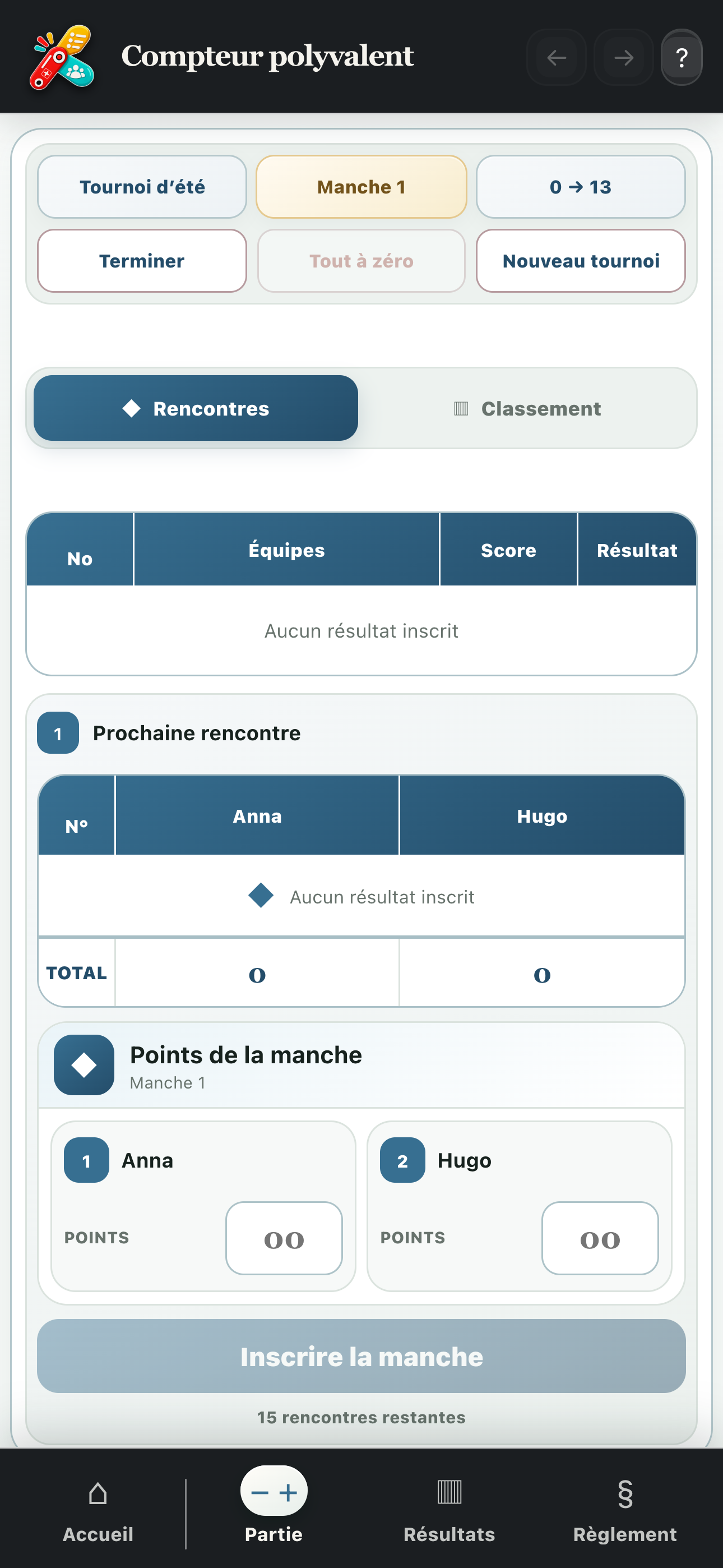 Tournoi à six participants avec rencontres et classement