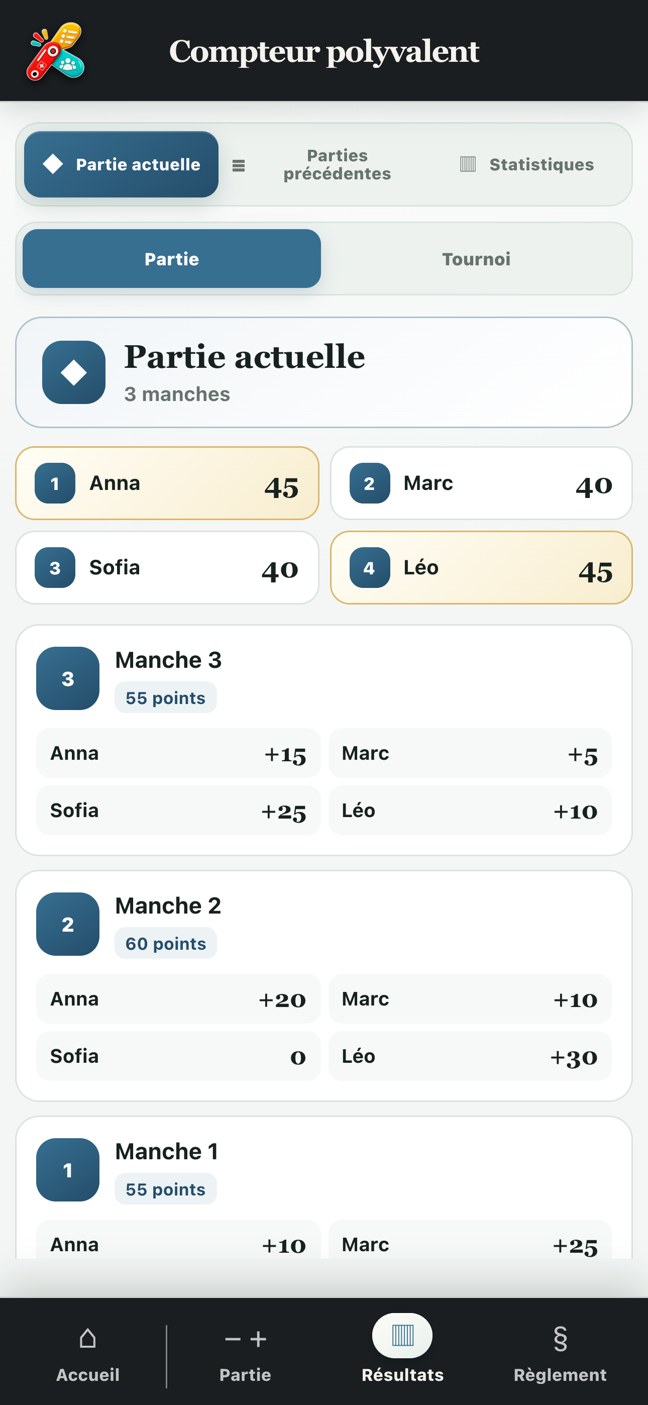 Résultats d’une partie avec classement et détail des manches