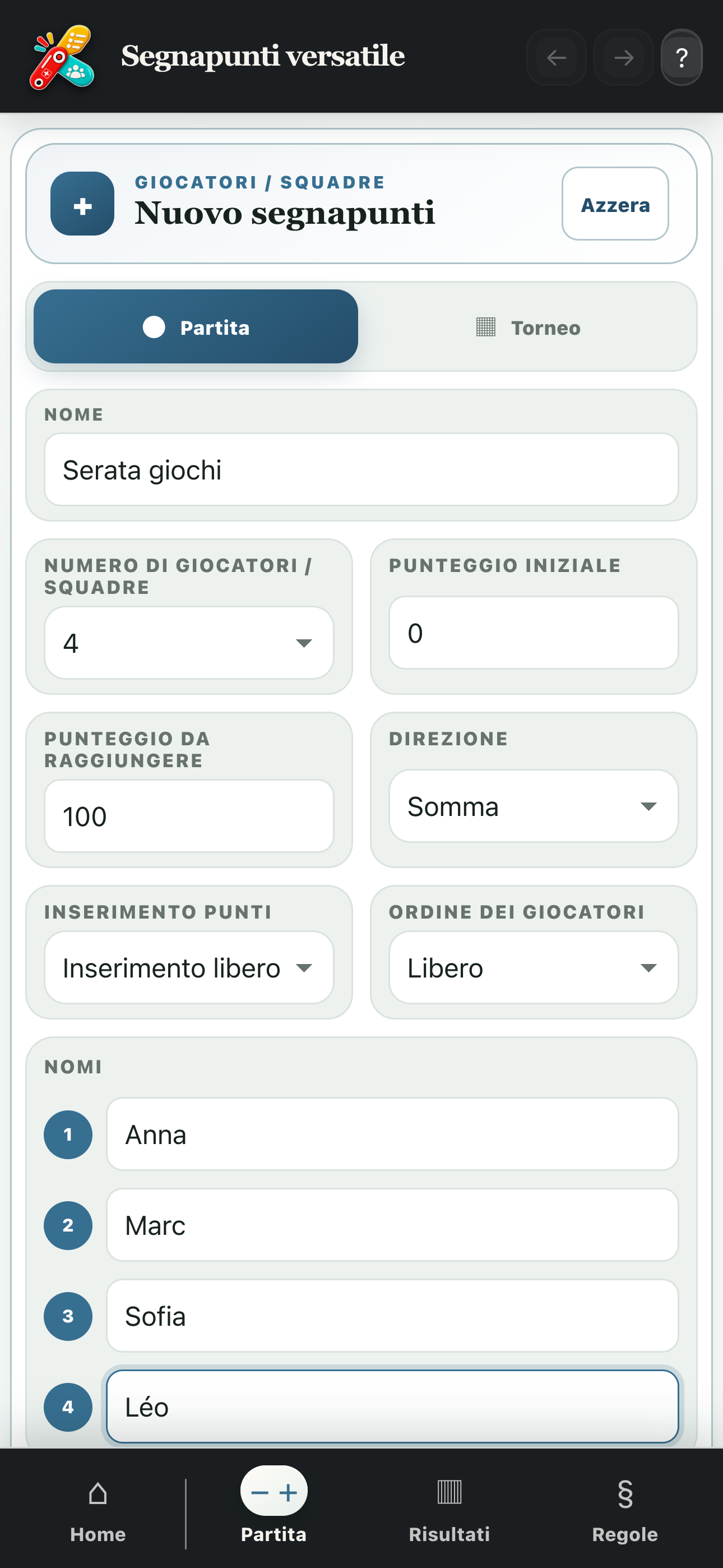 Configurazione di un segnapunti personalizzato per quattro partecipanti