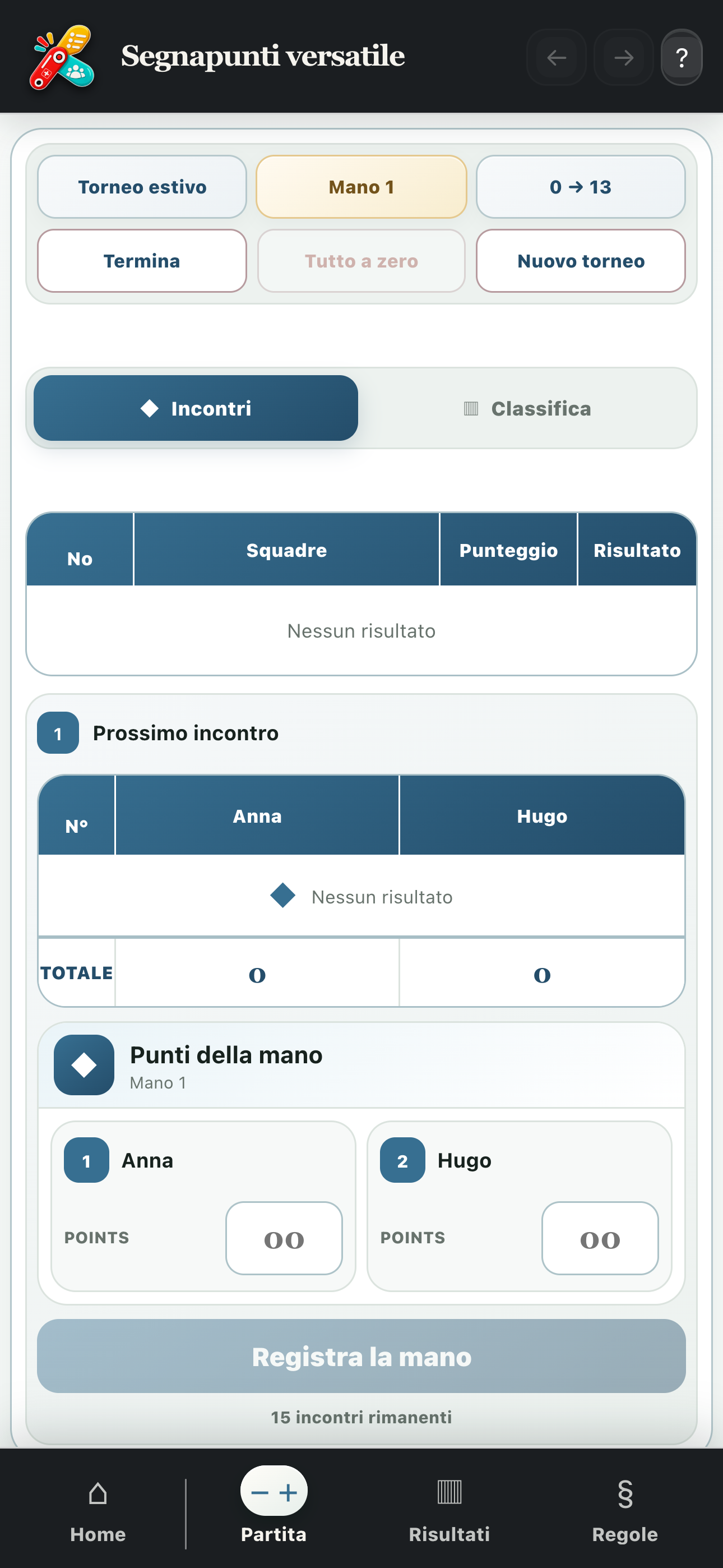 Torneo a sei partecipanti con incontri e classifica